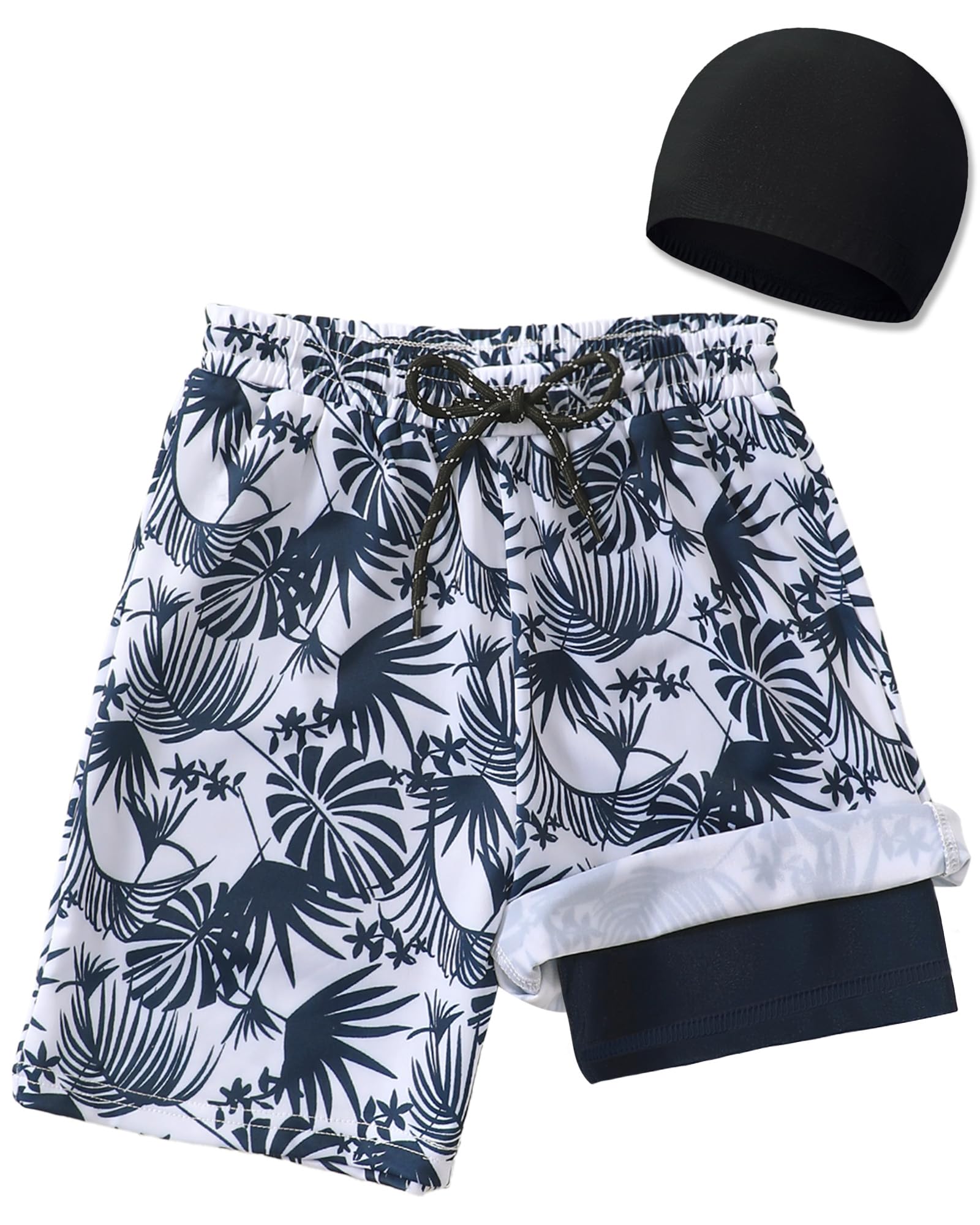 Sewetier Boys Swim Trunks with Boxer Brief Liner Toddler Boy Swimming Shorts Size 14-16Y(Palm Leaf)