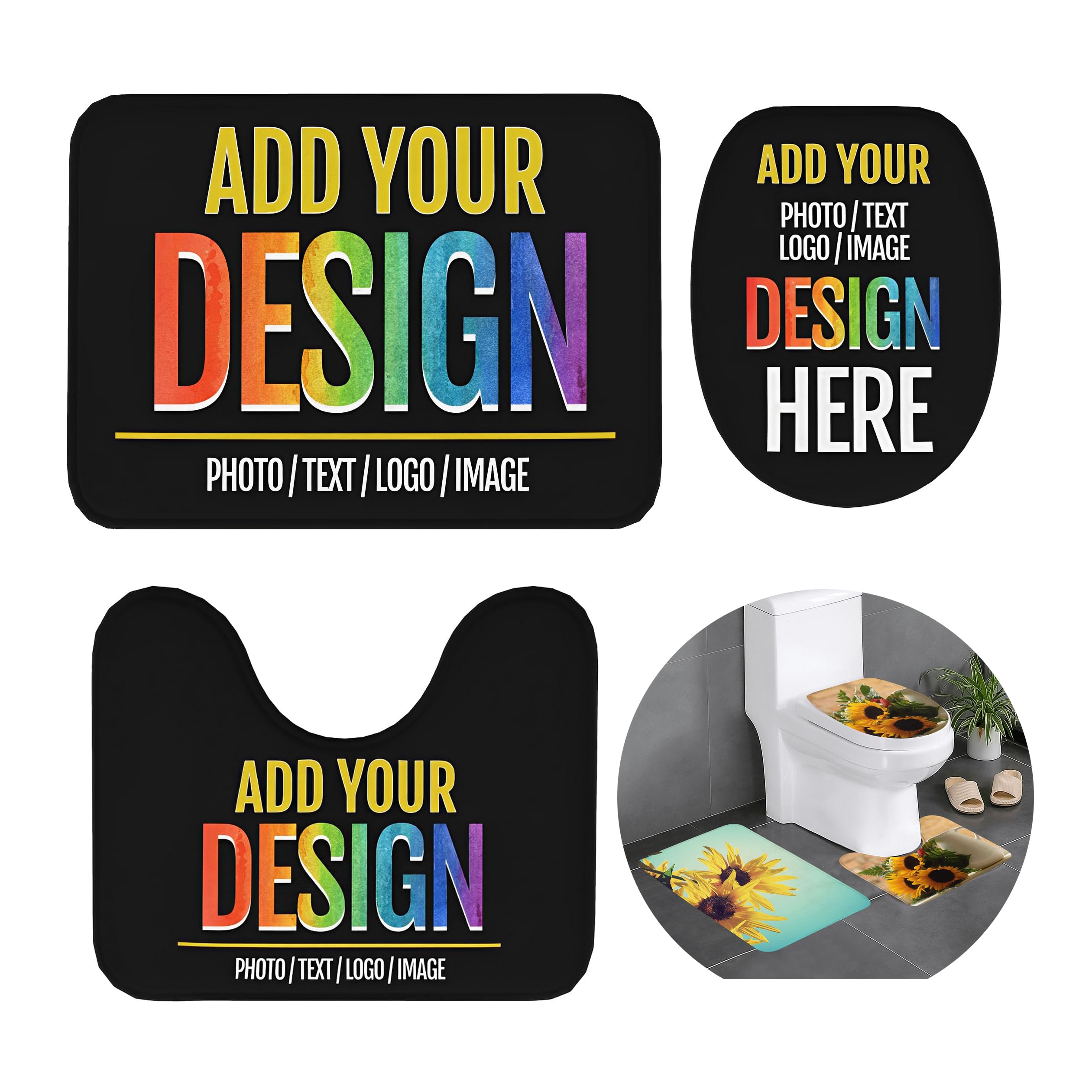 Lcqridy Custom 3 Pieces Bathroom Rugs Set Personalized Photo Text Image Logo Non-Slip Bath Mat Set Bath Rug Contour Mat Toilet Lid Cover for Bathroom Bedroom Shower Floor (M(31.5 * 20 inch))