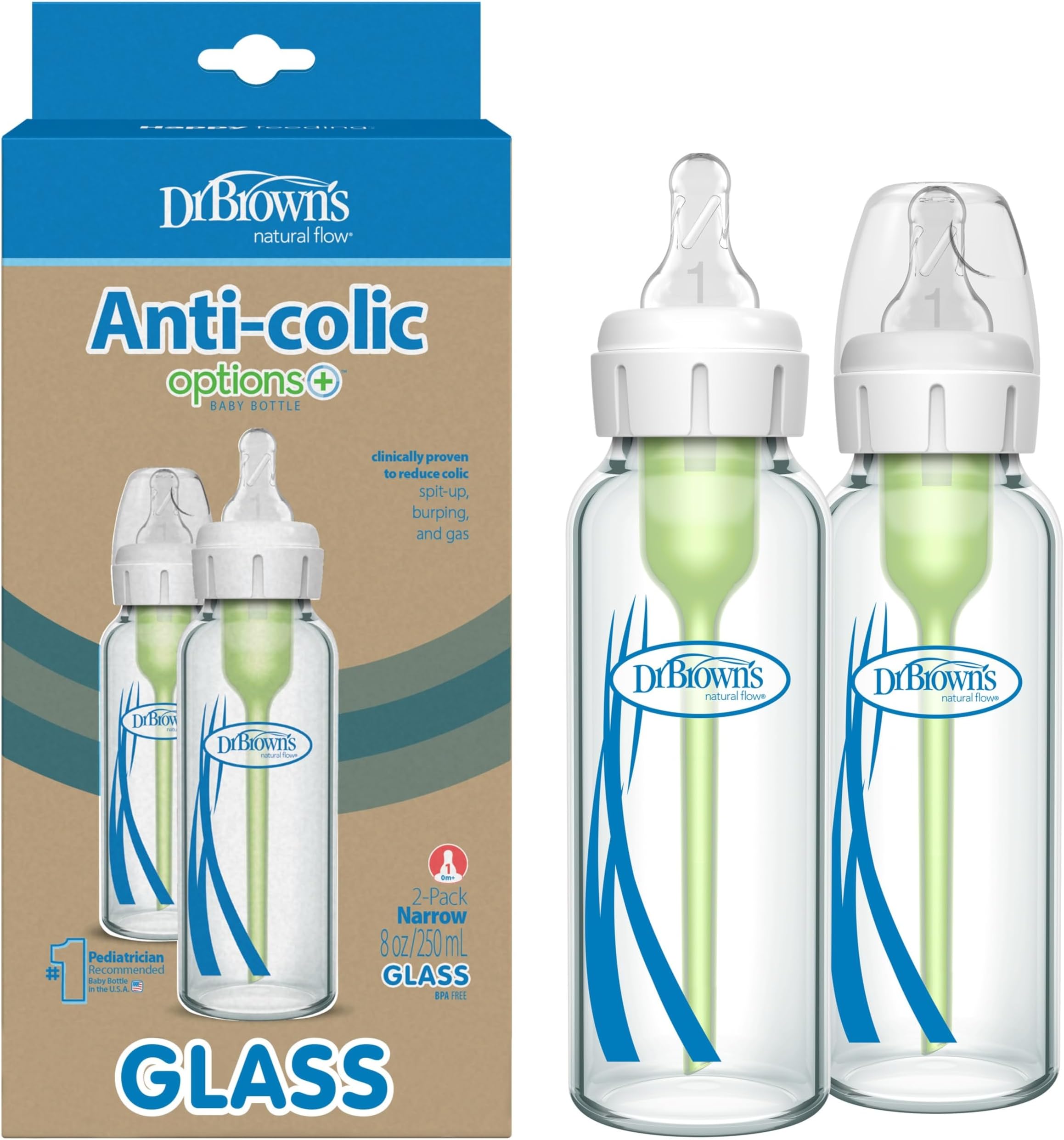 Dr. Brown's Anti-Colic Options+ Narrow Glass Baby Bottle with Level 1 Slow Flow Nipple, BPA-Free, 8 oz/250 mL, 0m+, 2-Pack (Packaging May Vary)
