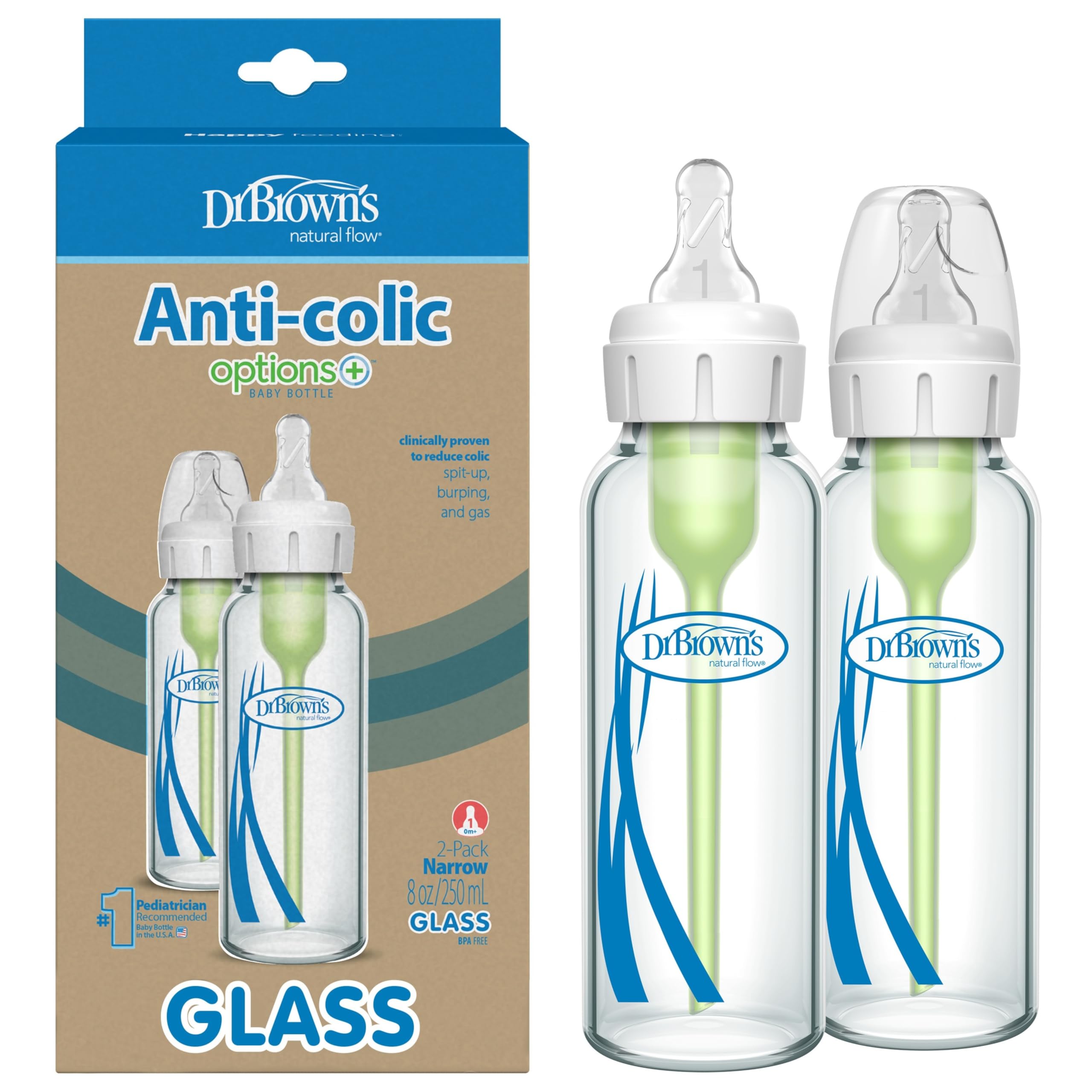 Dr. Brown's Anti-Colic Options+ Narrow Glass Baby Bottle with Level 1 Slow Flow Nipple, BPA-Free, 8 oz/250 mL, (2)
