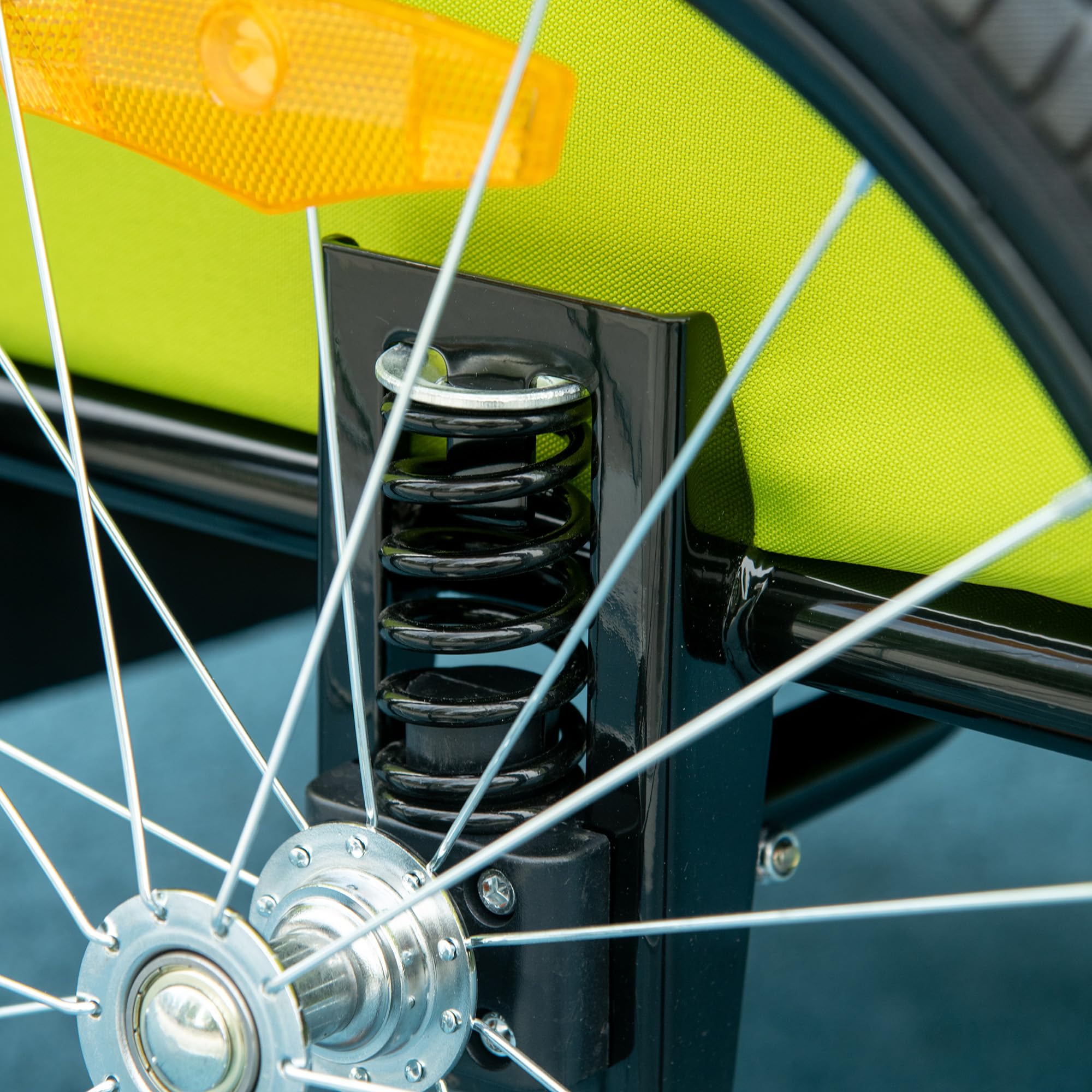 HOMCOM Rimorchio per bicicletta per bambini dai 18 mesi in su, 2 posti, con cintura di sicurezza, vano portaoggetti e sistema ammortizzatore, 140 x 88 x 90 cm, verde