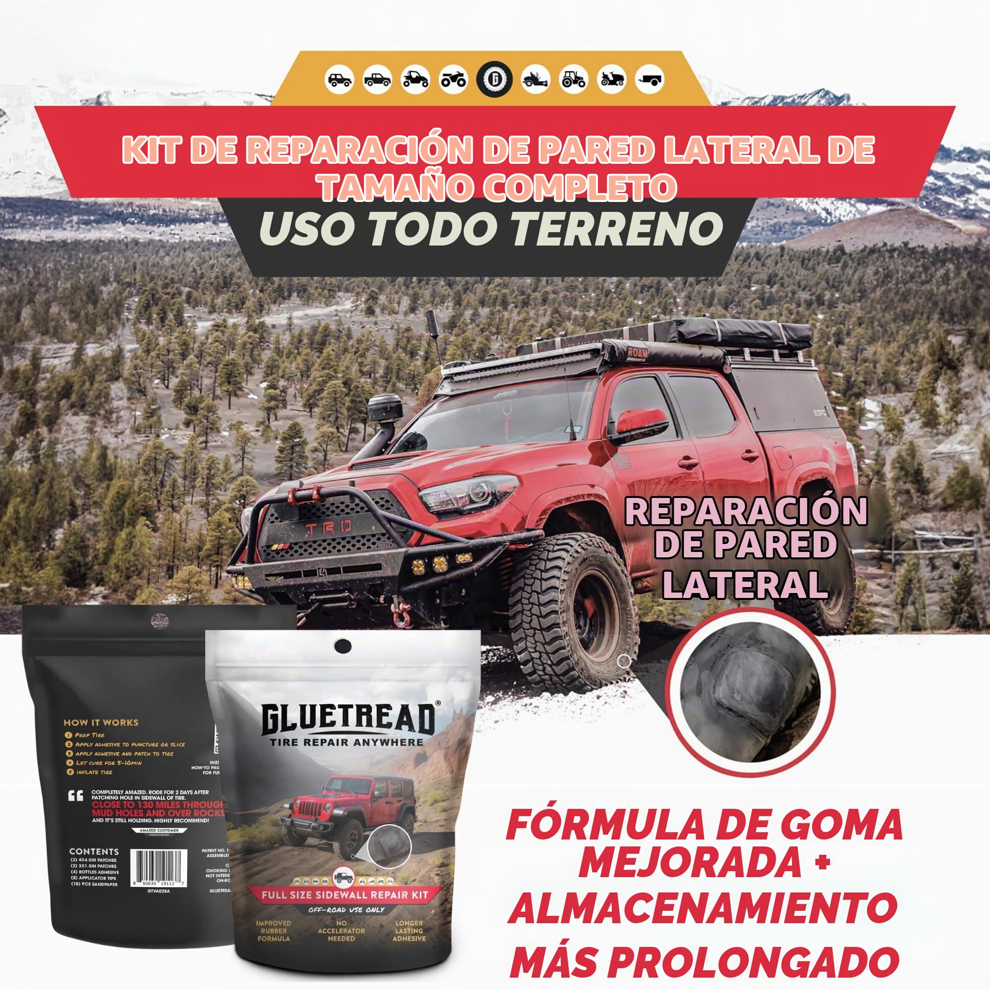 GlueTread - Kit de reparación de neumáticos de Pared Lateral de tamaño Completo de 4 x 4 | Kit de reparación de pinchazos para vehículos Todoterreno 4x4 | Fórmula de Goma Mejorada Que no Necesita