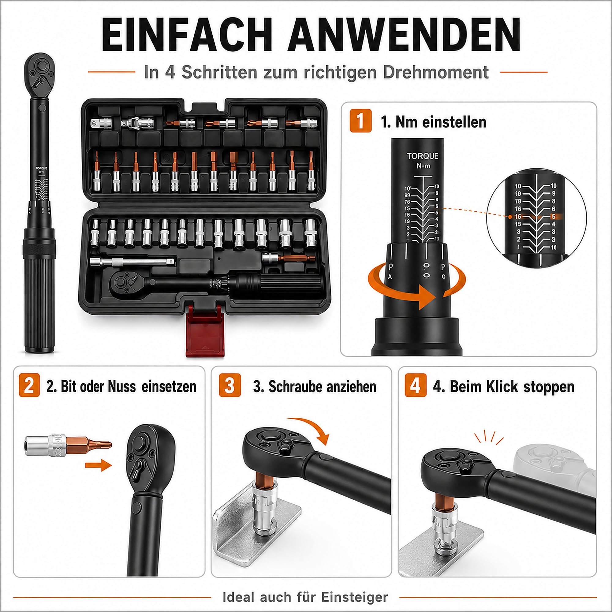 Torque Wrench für Fahrrad & Motorrad 33-tlg, Drehmomentschlüssel Set 1/4" 2-24 Nm, Motorrad/Fahrrad mit 1/4"-3/8" Adapter