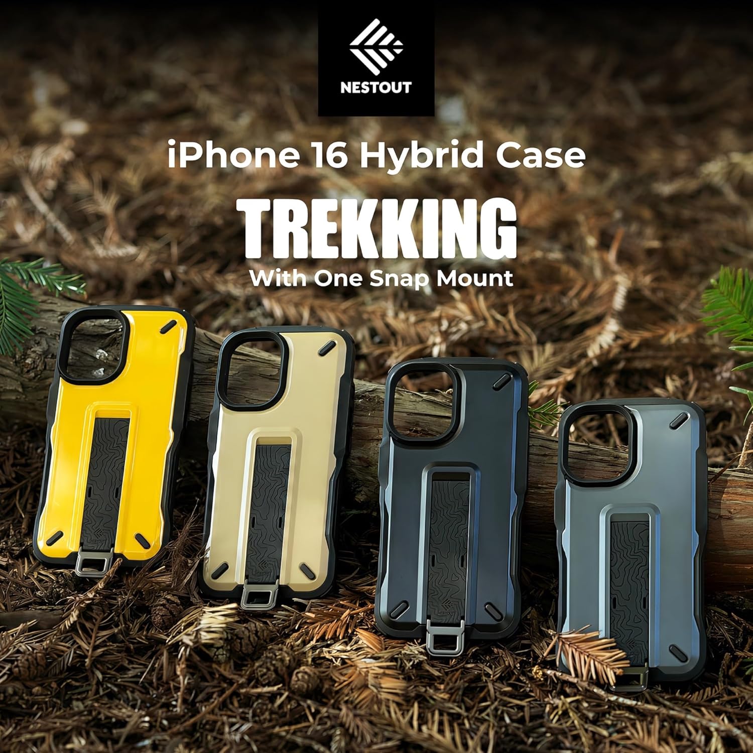 NESTOUT TREKKING iPhone 16 Case, Military-Grade Shockproof Drop Protection, Air-Cushioned Corners, Raised Edges, 360° Rotating Mount, Finger Strap & Stand, Durable Rugged Outdoor Case, 6.1” (Gray)