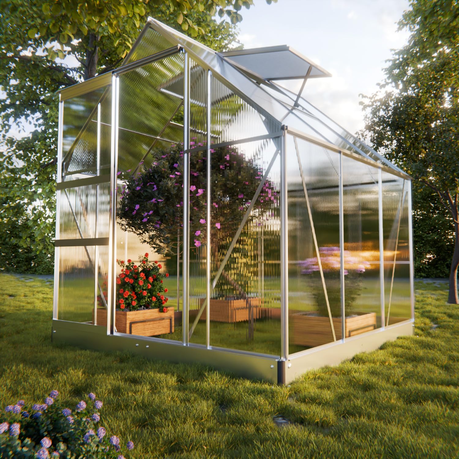 GARMIO® Gewächshaus Cuneo 190x190cm für den Garten, Alu Frühbeet inklusive Fundament, 2 Dachfenster Treibhaus Aufzucht Pflanzenhaus Tomatenhaus 3,7m² UV-Schutz