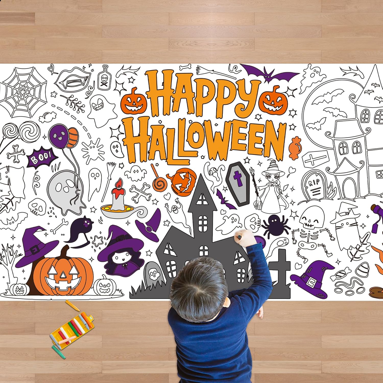 OHOME Halloween Crafts for Kids - Giant Coloring Tablecloth/Poster | Halloween Party Decorations Favors Supplies for Kids Gifts Activities Games Toys Banner