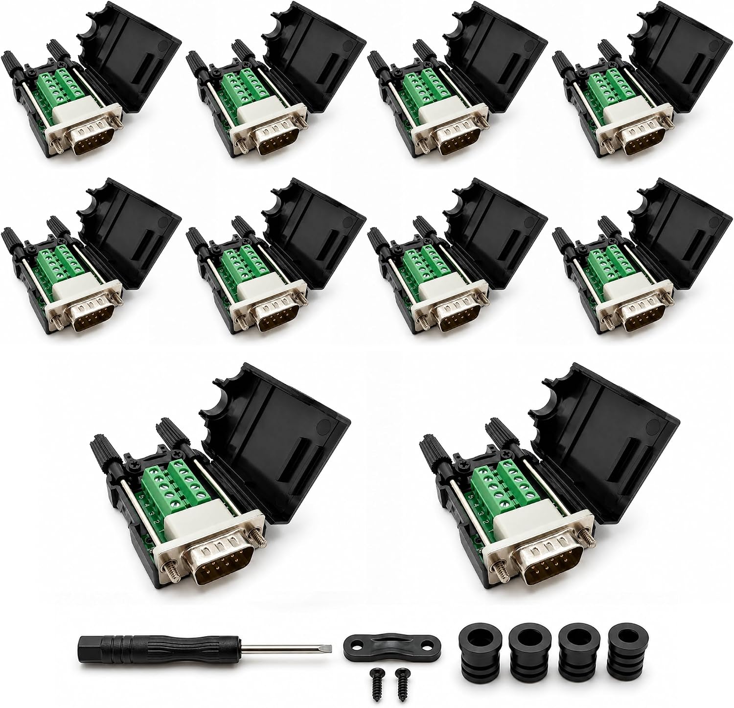 UHUZZ 10PCS DB9 Female Breakout Connector, Solderless 9-Pin D-Sub RS232 Serial Adapter with Screw Terminals, Protective Housing, Long Screws and Tail Pipe for PLC, Modem, Industrial Equipment