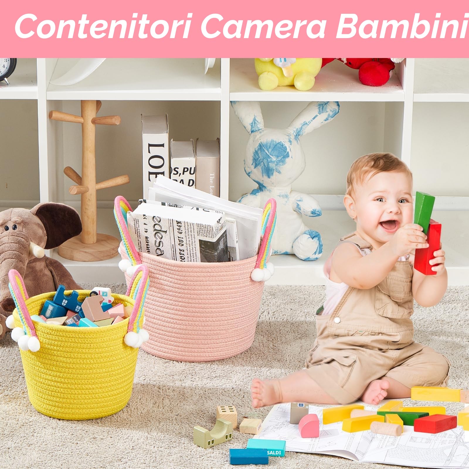 Cesto portaoggetti per bambini, per giocattoli, per vestiti, 3 pezzi, design floreale, tessuto morbido con manico, perfetto per organizzare l'asilo (cesto arcobaleno)