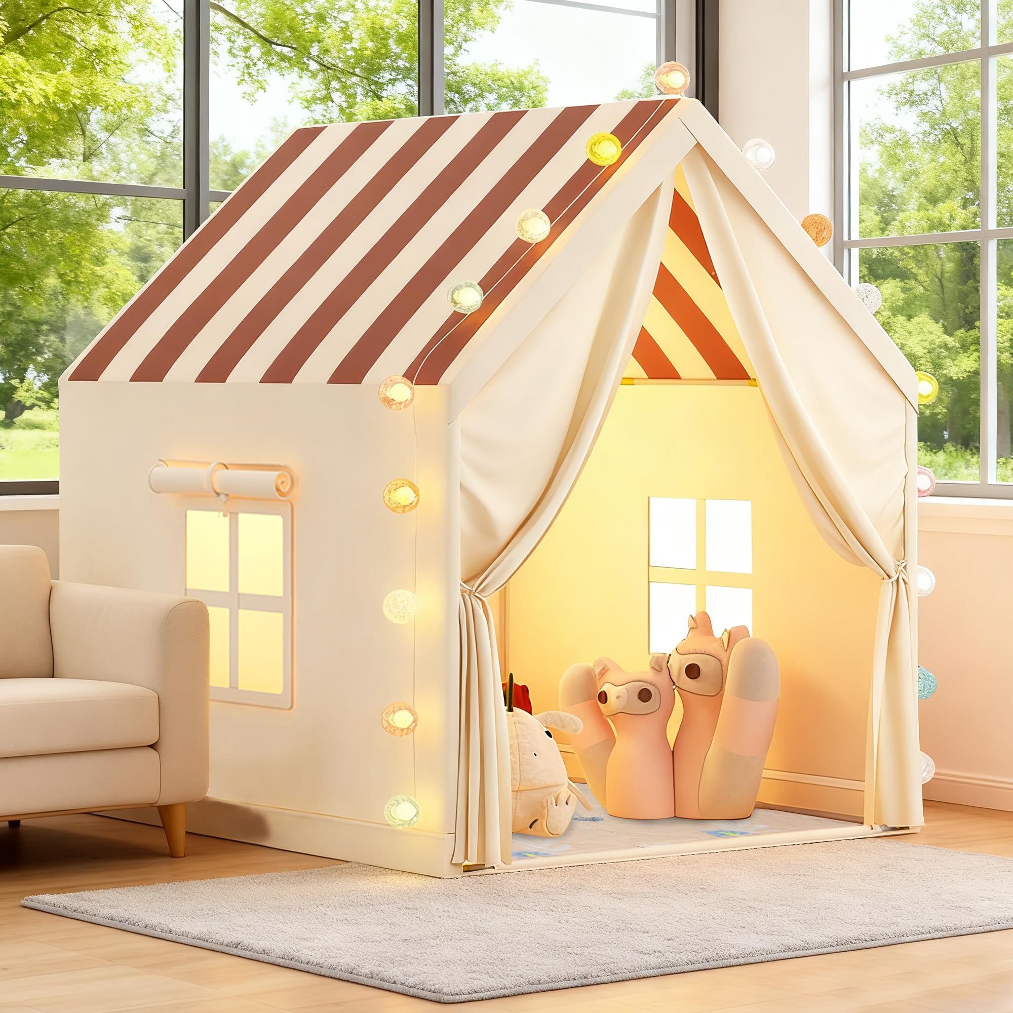 OUUTMEE 2 in 1 Spielzelt mit Matte,Gestreiftes Kinderzelt,Kinder Zelt Indoor Spielhaus Zelt Kinderzimmer Spielhaus für die Inneneinrichtung von Kinderzimmern
