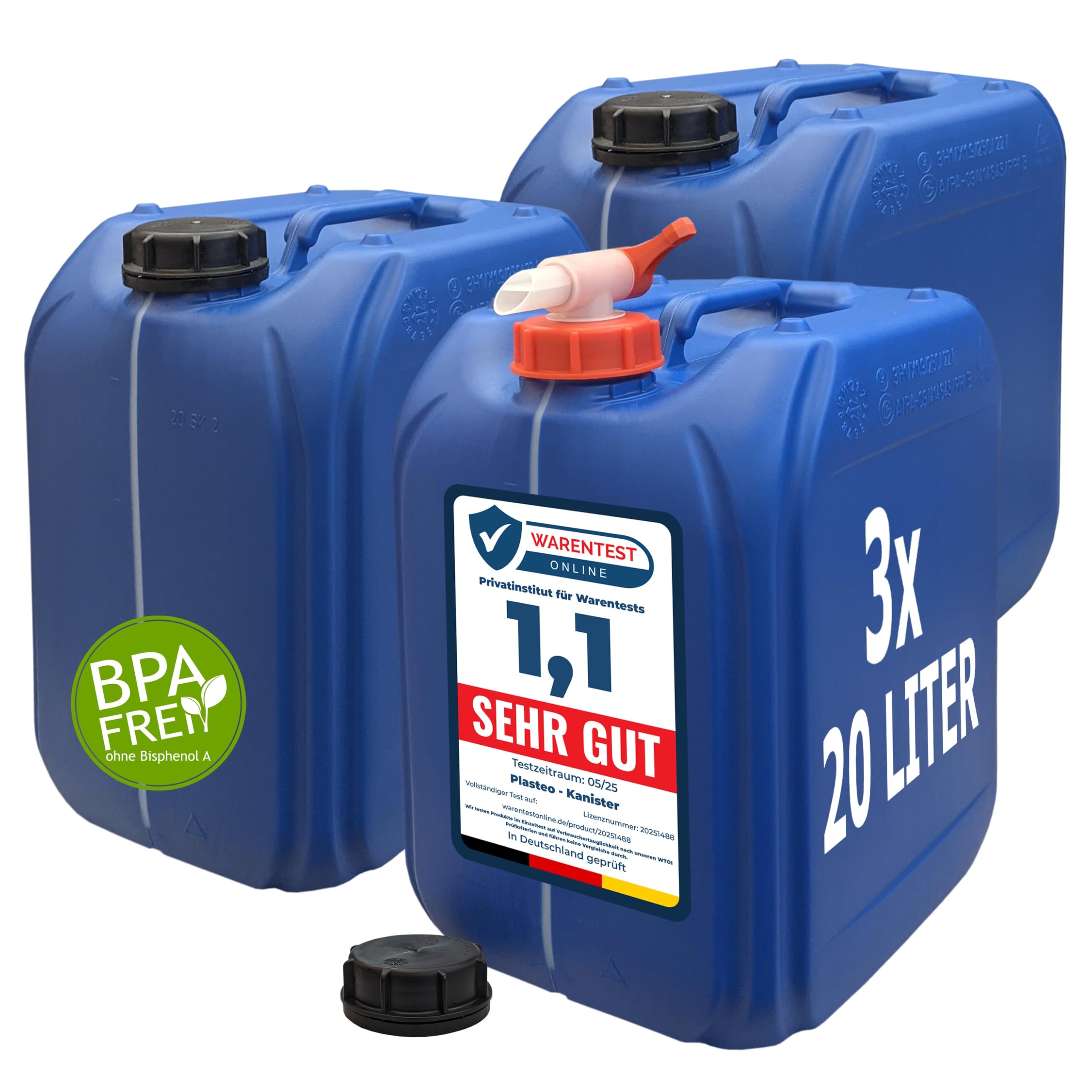 plasteo® 3X 20 Liter Getränke- Wasserkanister mit 1 Hahn und 3 Schraubdeckel (DIN 61) | Lebensmittelecht | BPA Frei | Tragbar | Indoor und Outdoor Blau