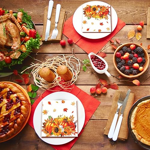 Miniatura 5 de Honoson 100 servilletas desechables de otoño de 3 capas para invitados de otoño, servilletas decorativas de Acción de Gracias, toallas de papel para