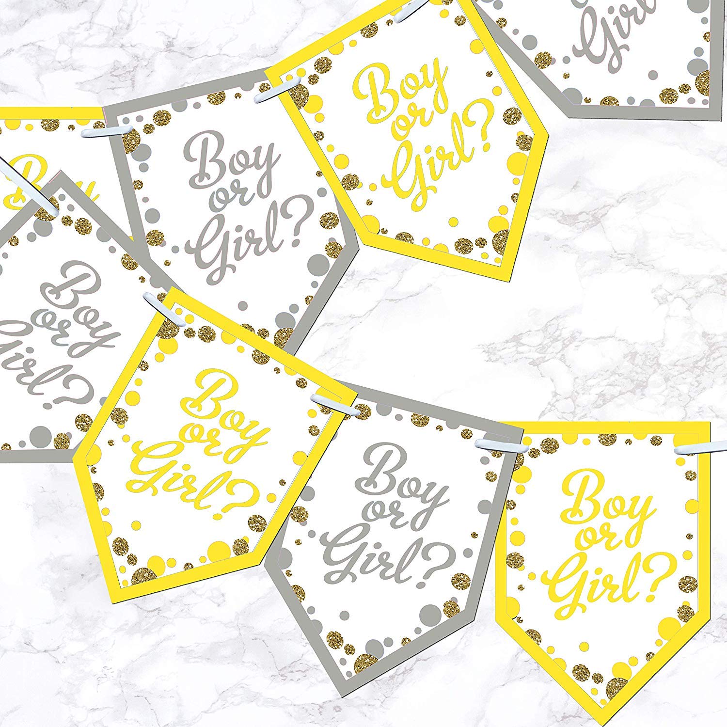 Gender Reveal Party Bunting Pink Blue Baby Shower Decoration Banner Glitter Effect - Grey & Yellow
