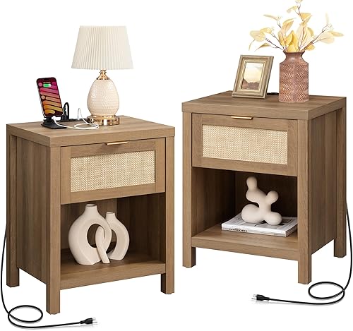 Miniatura 8 de SICOTAS Nightstands Set of 2 with Charging Station Rattan Night Stand with Drawer Boho Bedside Table with USB and Type-C Ports Bed Side Tables for