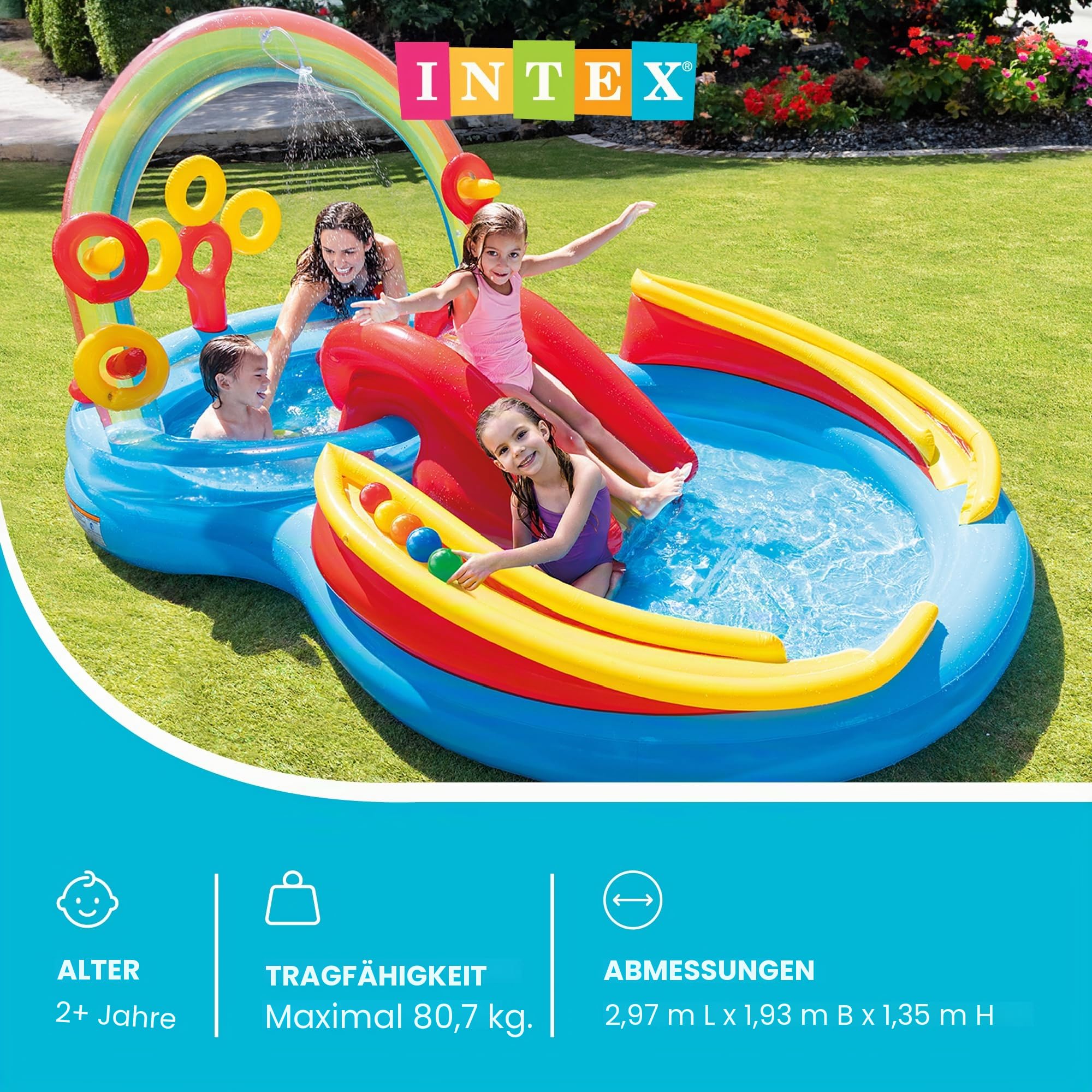 Intex Rainbow Ring Play Center - Kinder Aufstellpool - Planschbecken - 297 x 193 x 135 cm - Für 3+ Jahre 57453NP Mehrfarbig 297x193x135 cm