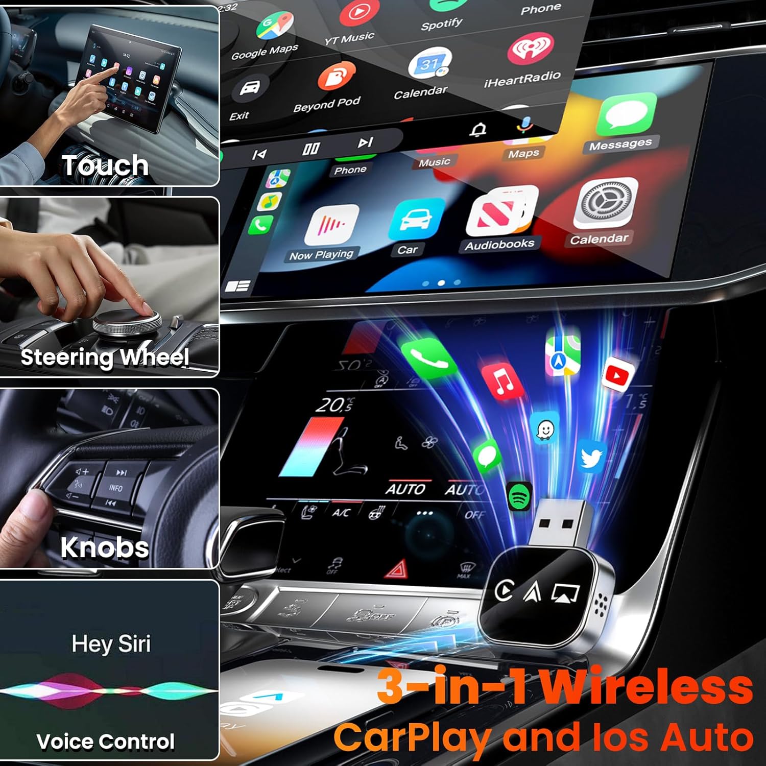 Wireless Carplay Adapter 3 in 1 2026 Updated Screen Mirroring Device for iPhone USB Cars with Bluetooth to Android Auto Video Input TV Watch Movies Airplay Smart Box on Interior Electronics Auxiliar