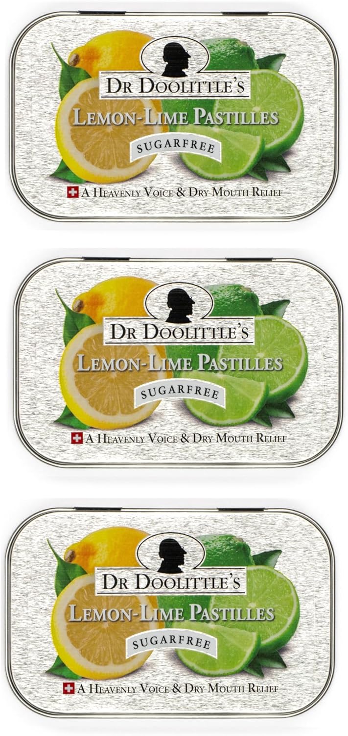DOOLITTLE Dr Sugar Free Soft Fruit Pastilles for Voice and Throat Gift Set, Lemon Lime Flavor, 2.12 Ounce Tin, Approximately 25 Count Package, 3 Tin