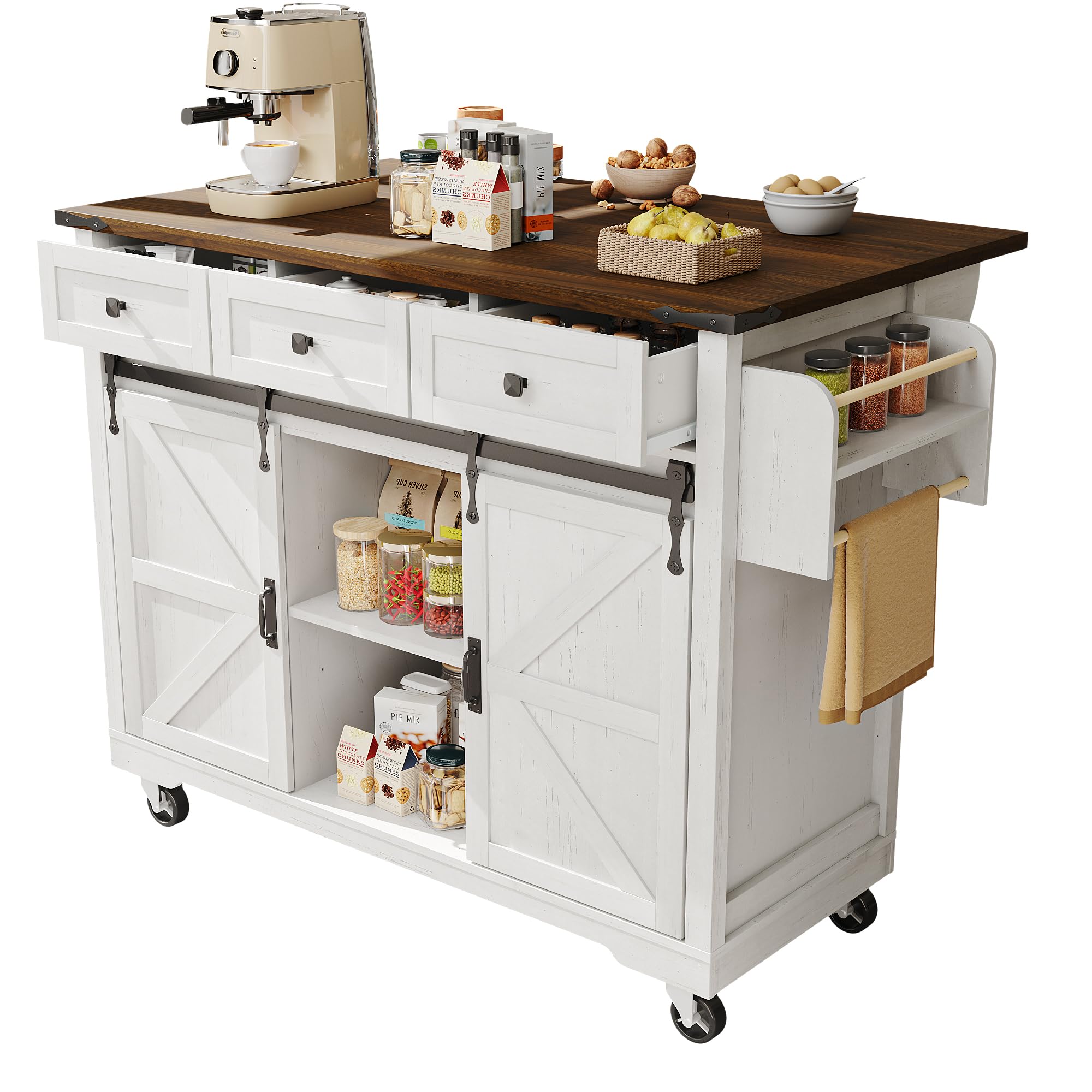 Isola della Cucina, Carrello da Portata Con Piano di Lavoro Estraibile, Su Ruote, Armadio Con Ante e Cassetti (Due Ante+Tre)