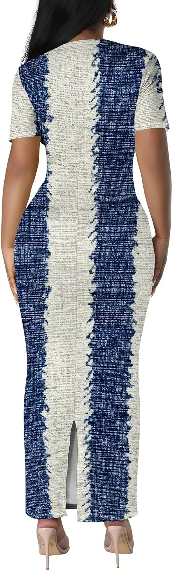 Women's Elegant Scoop Neck Short Sleeve Maxi Dress Summer Wrap Waist Long Fitted Cocktail Sundress