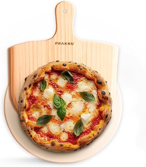 Kamień do Pizzy do Piekarnika z drewnianą łopatą do pizzy - okrągły kamień 30 cm do grilla gazowego i piekarnika - chrupiący spód - kamień z kordierytu do 900°C - zatrzymuje ciepło