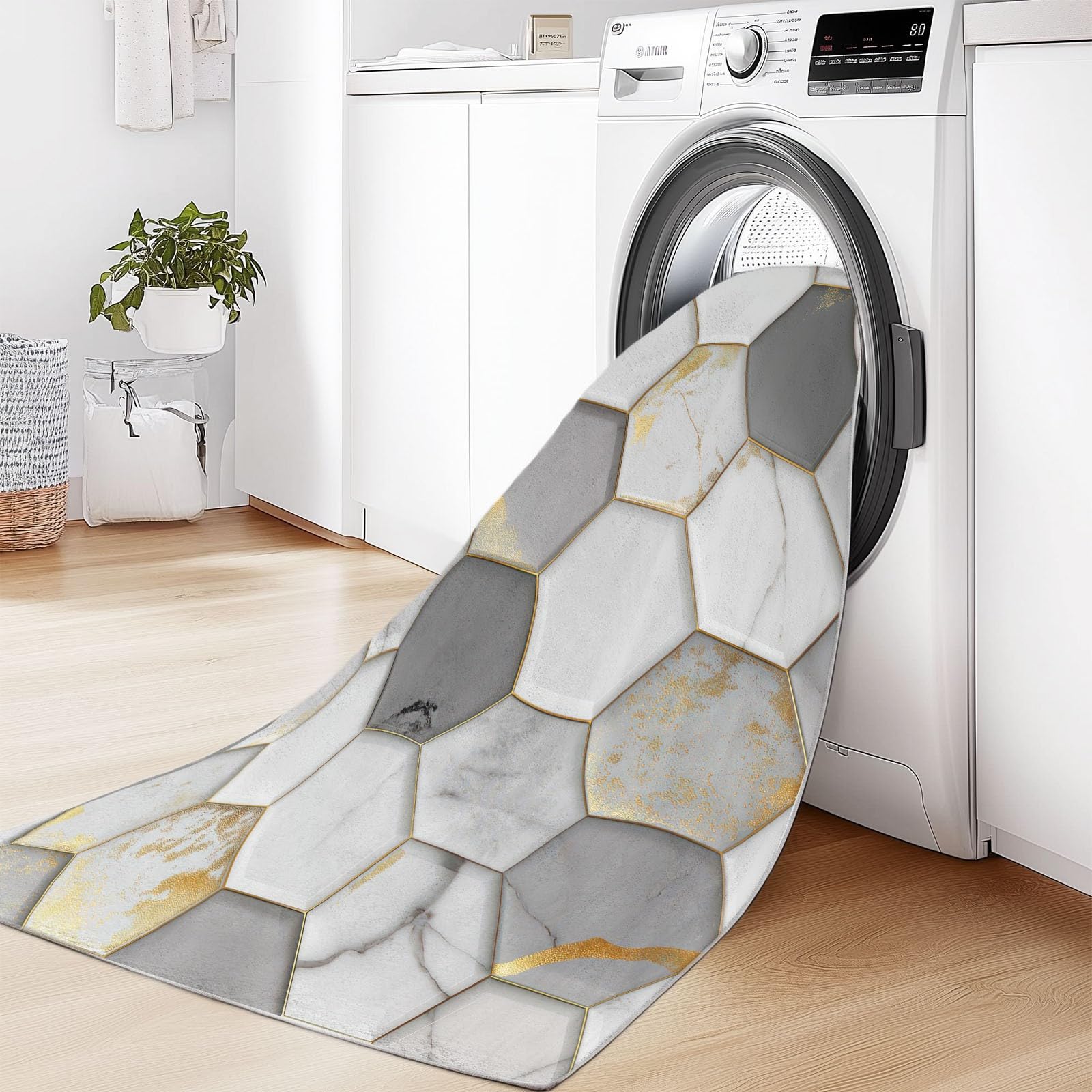 Tappeto Soggiorno 140 x 200 cm, grigio marmo esagonale geometrico, moderno tappeto stampato lavabile in lavatrice, tappeto morbido antiscivolo, per camera da letto e ufficio, sala giochi