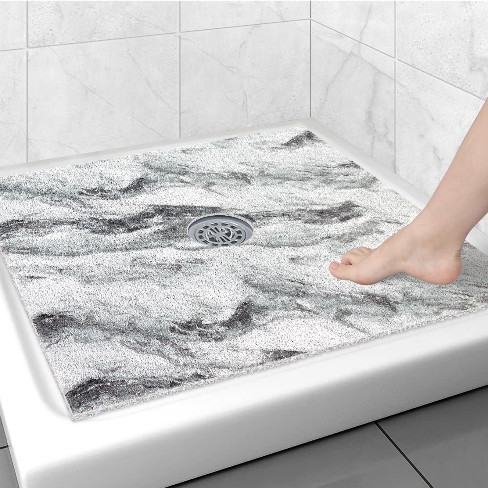 Square Shower Mat Non Slip: 36x36 Inch Large Shower mats for Inside Shower with Drain Hole in Middle, Super Soft PVC Loofah Massage Shower Floor Mat, Anti Slip Shower Stall Mat, Quick Drying