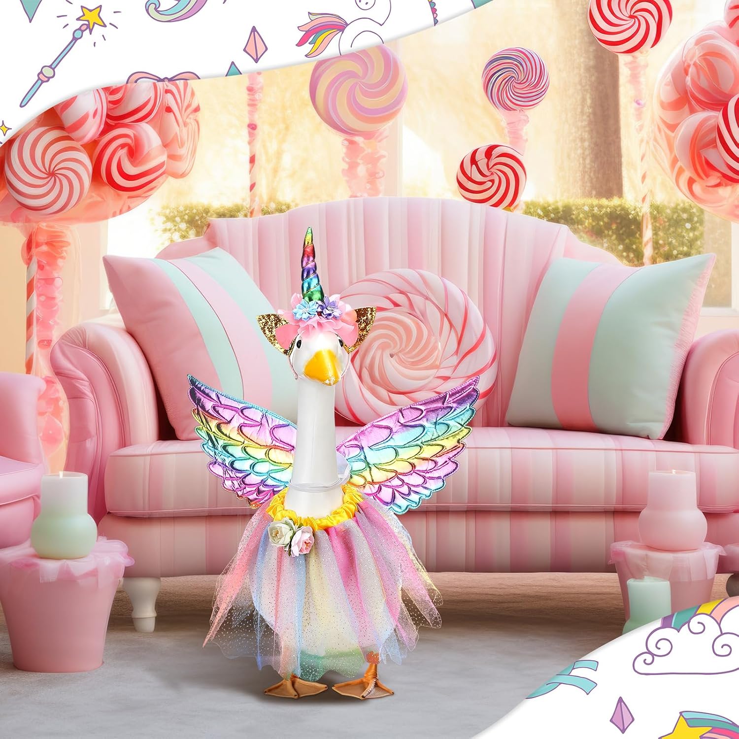 Abbylike Unicorn Porch Goose Outfit Rainbow Goose Costume for 23'' H Cement Statue with Tutu Skirt Unicorn Headband Wing for Party Outdoor Yard Lawn Garden Patio Decor image 5