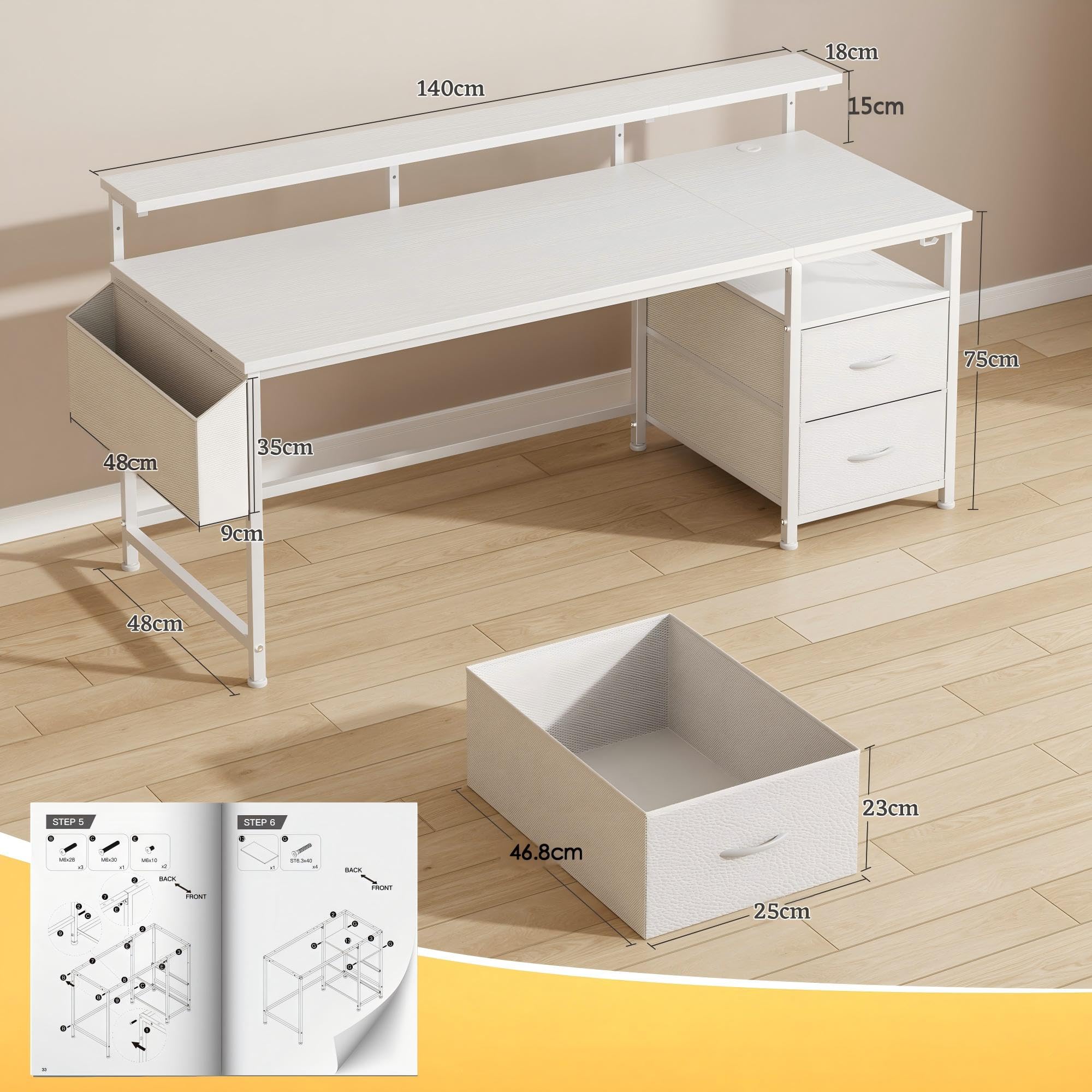 140x48 cm Rettangolare Scrivania per Studiare, Lavoratori, Bianco | Ergonomia Scrivania con 2 Cassetti, 1 Organizzatore Appeso, Supporto per Monitor, 3 Altezza regolabile, Gancio per Gaming