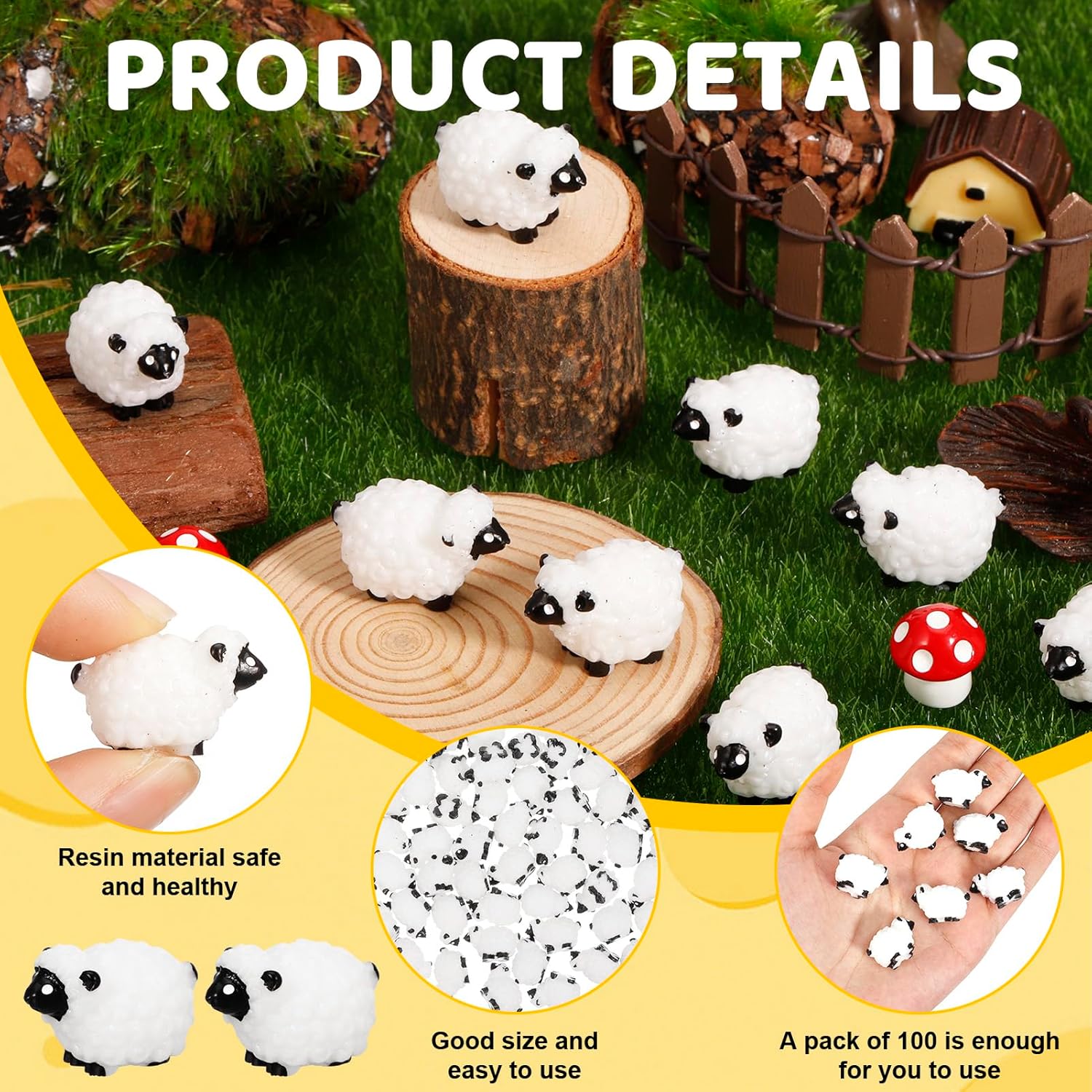 100Pcs Mini White Sheep Miniature Resin Sheep Figurines Cute Little Figurines Fairy Outdoor Moss Ornaments Landscape Garden DIY Ornament Accessories for Indoor Outdoor Black