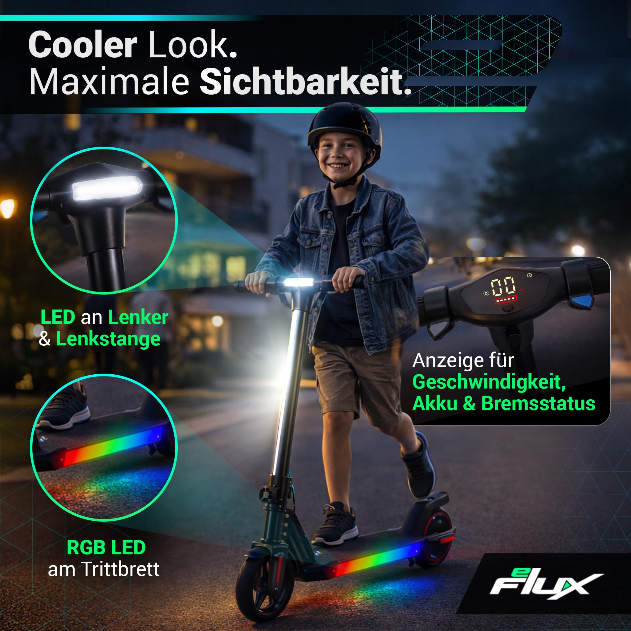 eFlux Kids K1 E Scooter | E Roller für Kinder ab 6 Jahren - Scooter mit LED Beleuchtung - Elektroscooter leicht - Elektroroller klappbar - Geschwindigkeit bis 𝟏𝟔 𝐤𝐦/𝐡 - Reichweite bis 𝟏𝟓 𝐤𝐦