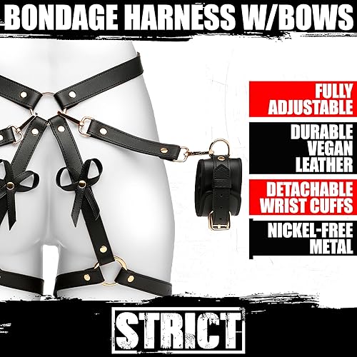 Miniatura 2 de STRICT Arnés Bondage negro con lazos para mujeres, hombres y parejas BDSM, sujetadores de cuero vegano para submarinos, mediano grande, negro