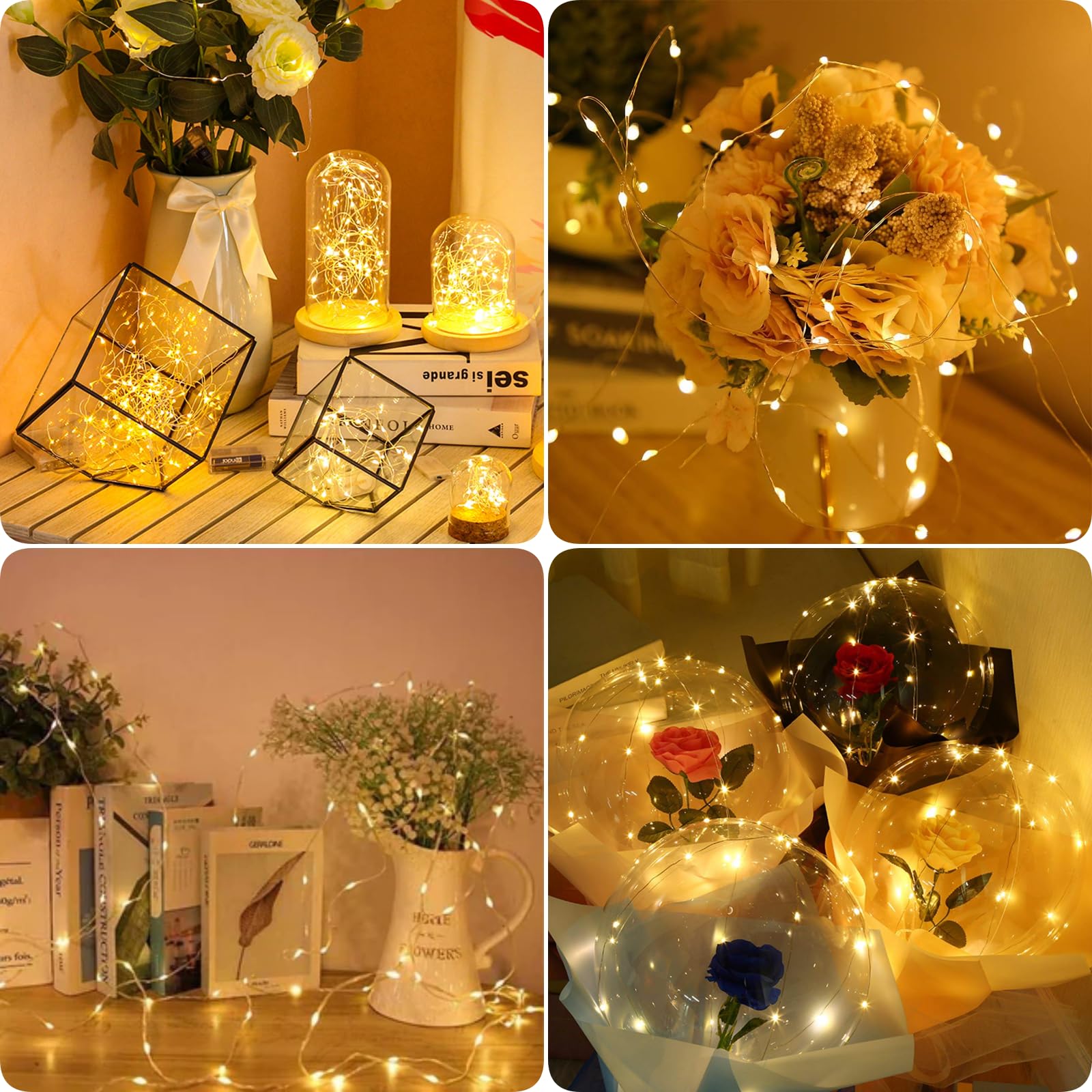 Lot de 24 guirlandes lumineuses de Noël à piles de 2,1 m avec 20 LED scintillantes - Fil argenté étanche pour mariage, Noël, Saint-Valentin, bocaux Mason - Décoration de table (blanc chaud)