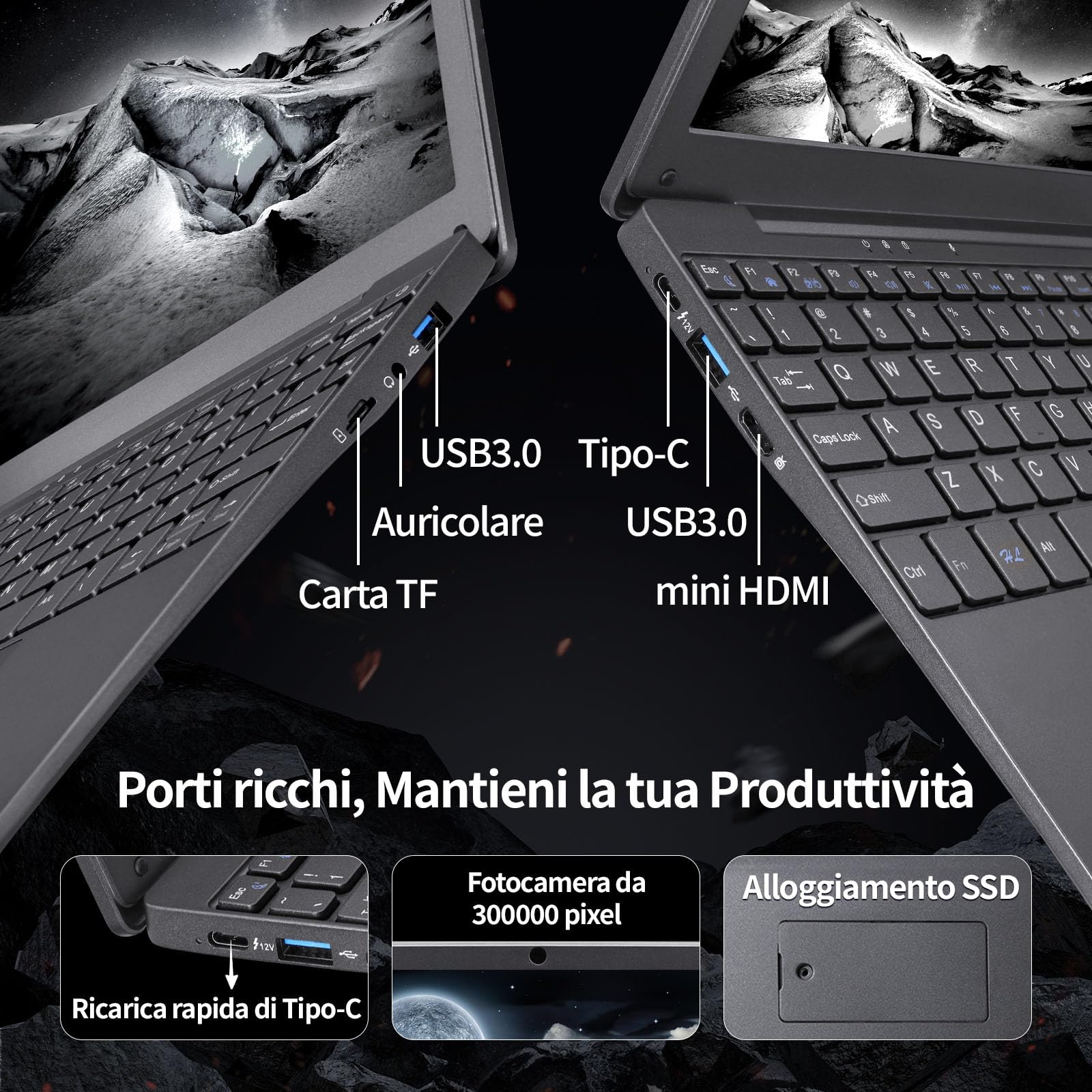 Mini Laptop 10.1 Pollici Ultrasottile 0,79 kg, Netbook Leggero Win11,Layout Tastiera Italiano, Webcam, WiFi5, Bluetooth 5.0, USB 3.0, Type-C, HDMI, Mouse Wireless (Grigio) 8GB DDR4 128GB SSD