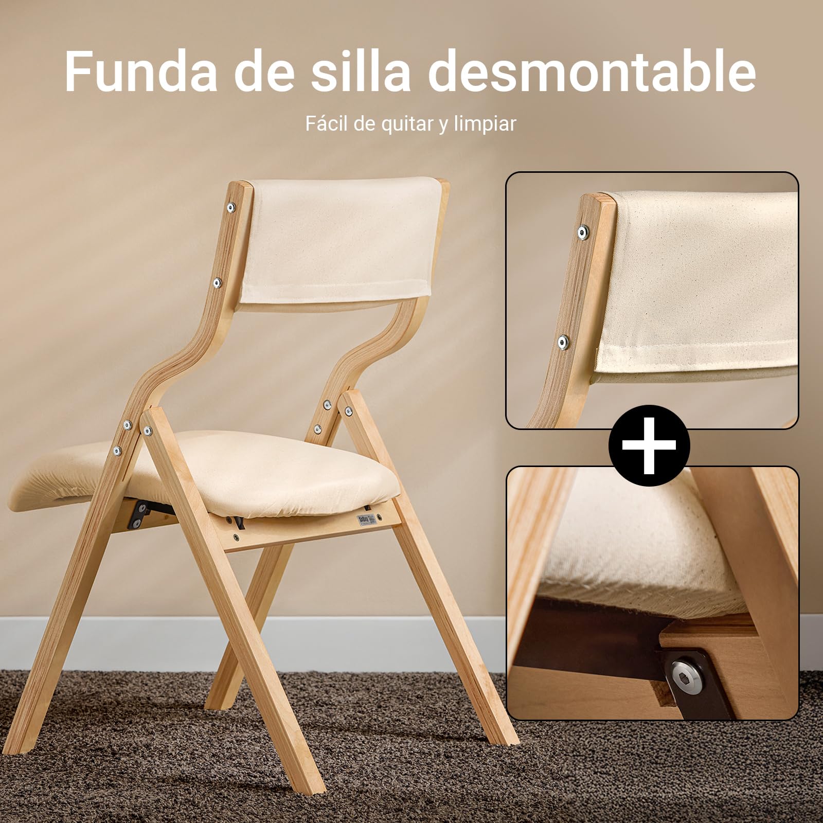 SoBuy Sillas Comedor Pack 2 de Madera, Acolchadas y montadas, 48x80x54cm | Silla Plegable de Madera ergonómica & compacta, fundas extraíbles, carga de 90 kg, abedul, oficina & balcón, FST40-Wx2