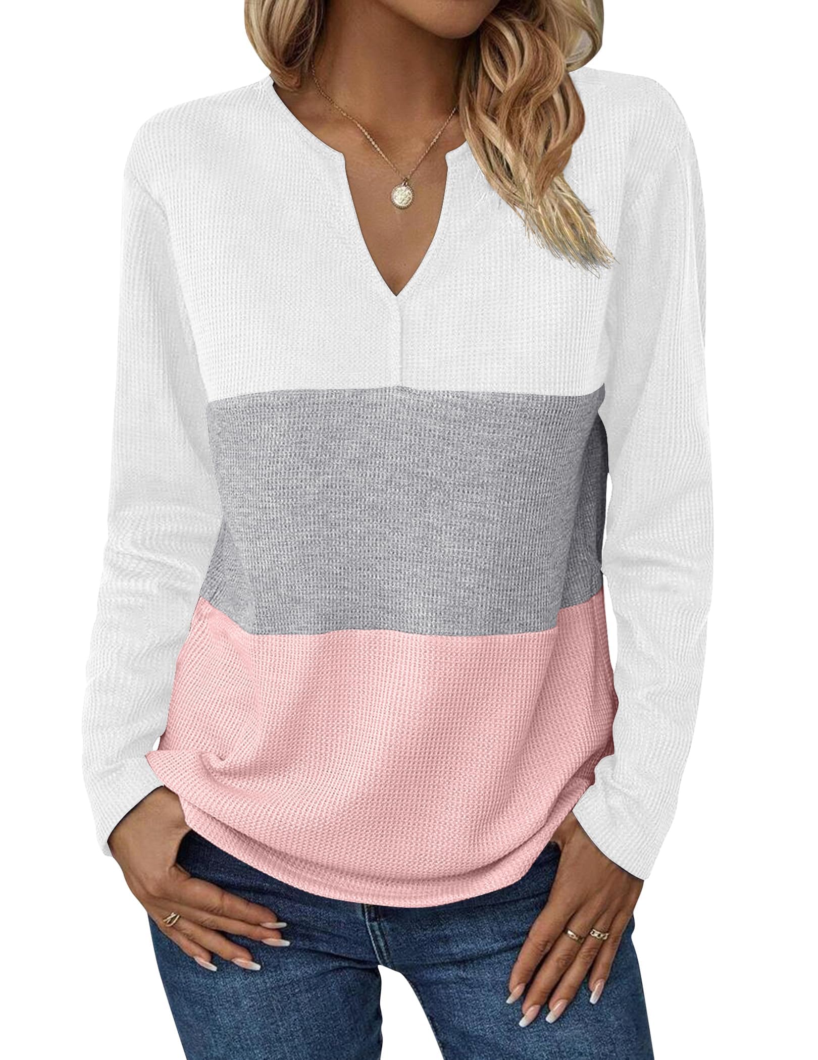Women's Waffle Shirts V Neck Long Sleeve Tops Color Block T-Shirts Casual Pullover Tunics…