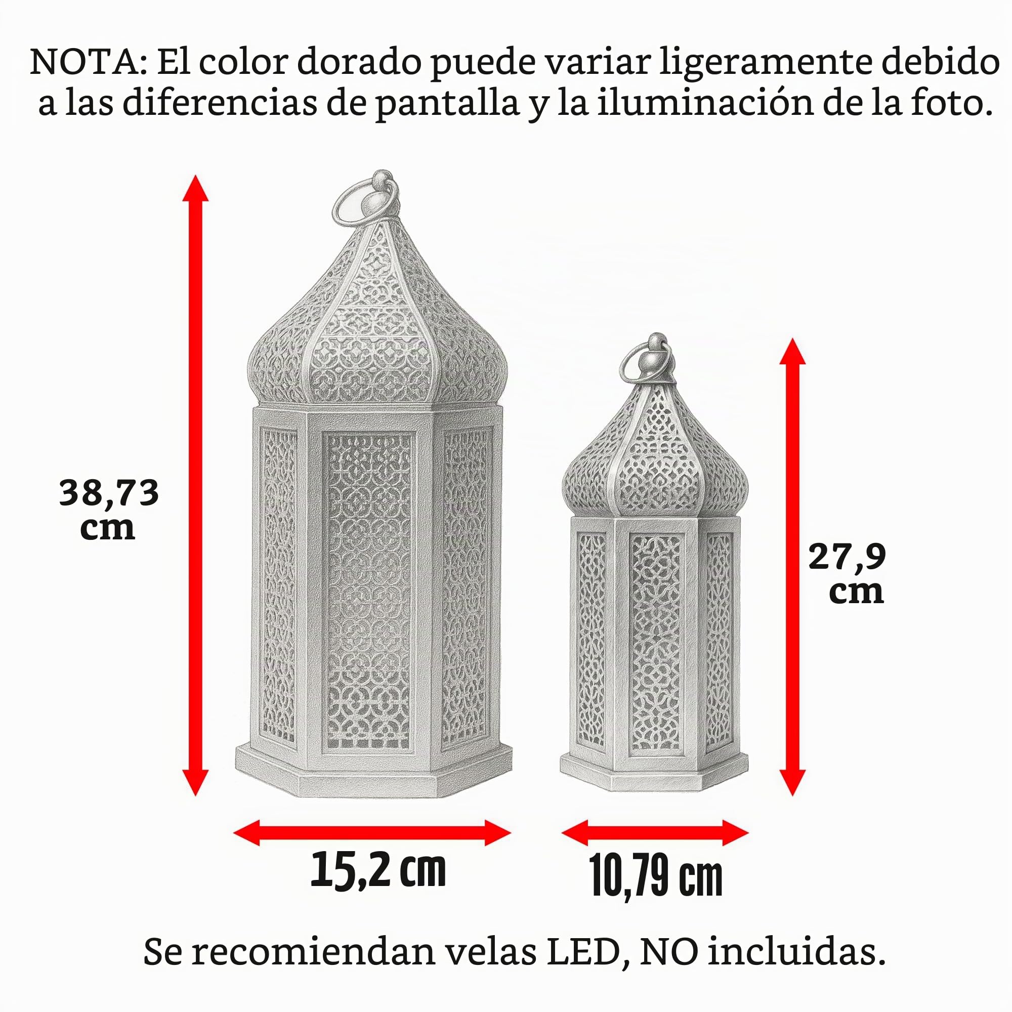 Vela Lanterns Temple Tower - Portavelas decorativo grande marroquí para Ramadán, patio, decoración del hogar, bodas, dorado, juego de 2 faroles | Decoraciones de Ramadán para el hogar, portavelas islámico Eid para centros de mesa o colgar, 11 y 15.25 pulg