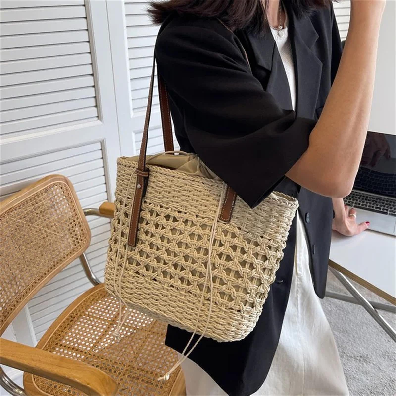 Bolsa De Paja Bolsos Casuales De Paja para Mujer Bolsos De Hombro Tejidos De Mimbre Bolso De Paja De Playa Tote De Gran Capacidad Bolsos Grandes para Señora
