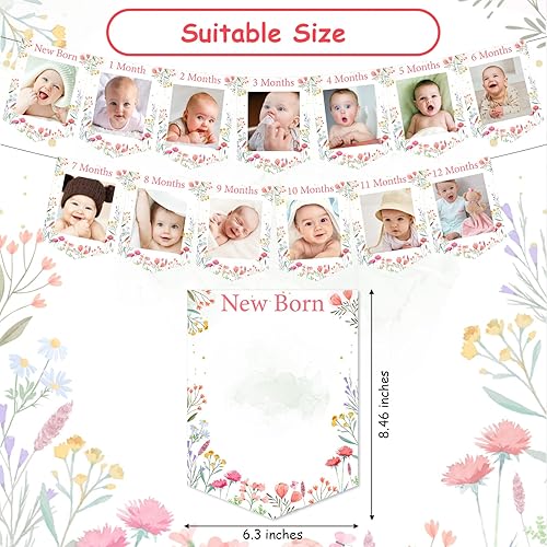 Miniatura 7 de Cartel de fotos de primer cumpleaños con tema de flores silvestres de recién nacido a 12 meses para niñas, registro de crecimiento mensual de hitos