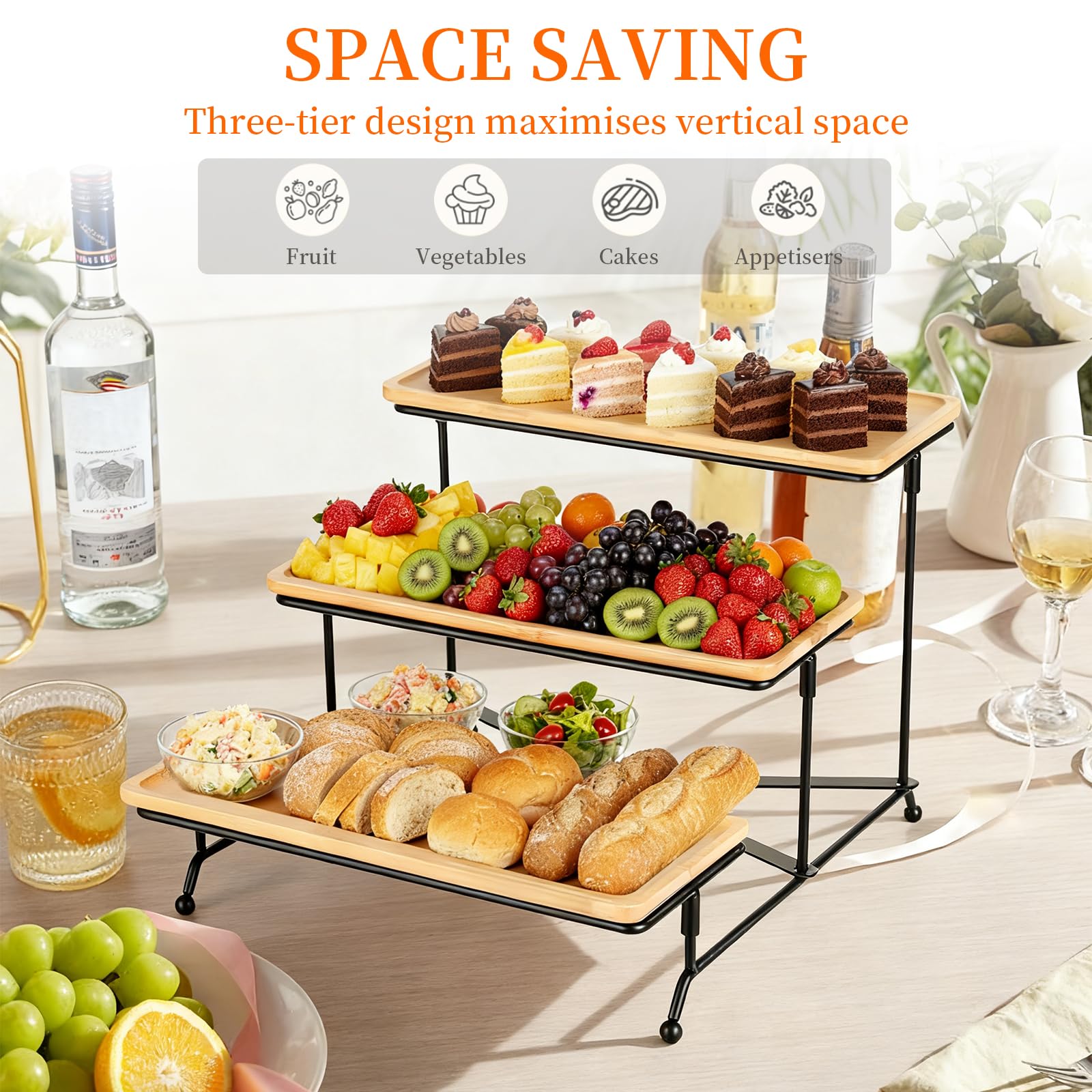 Cozary Plateau Repas 3 Étages, Plateau De Service Bois 28.9x12.5x1.2cm, Support Gateau, Support en Métal Noir, Plats Et Plateaux, Presentoir a Gateau, pour Buffet/Desserts/Fruits