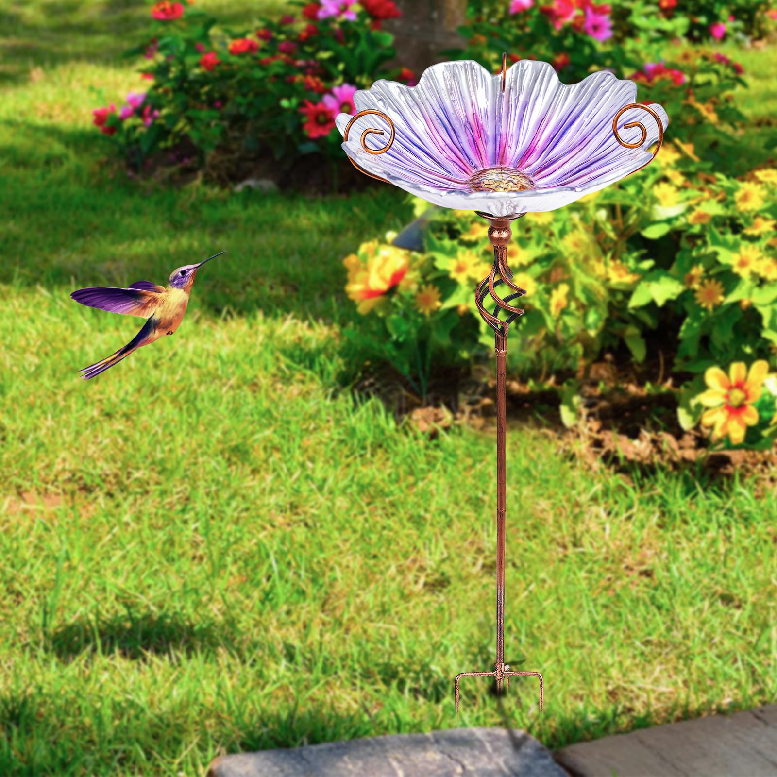 MUMTOP Comedero para pájaros de cristal de 78 cm de altura con estaca de metal, jardín, patio, exterior, color morado