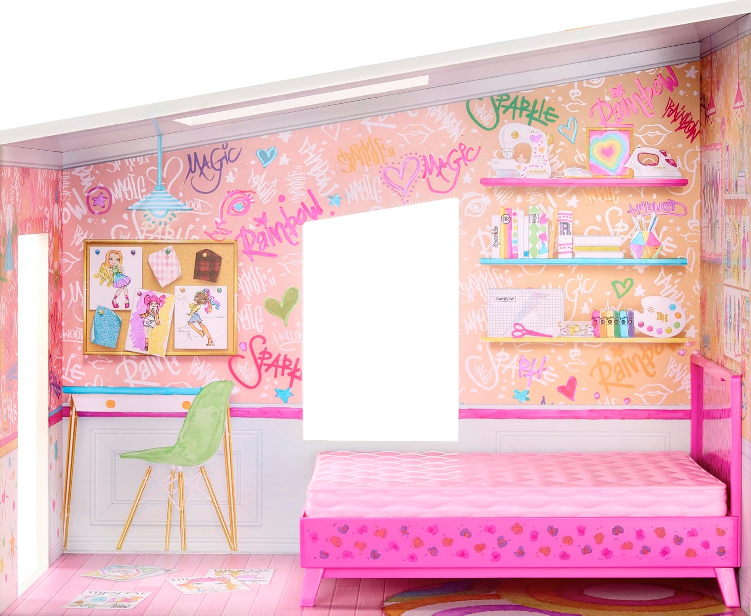 A dollhouse bedroom with a pink bed, white desk, and shelves, all with colorful marker designs.