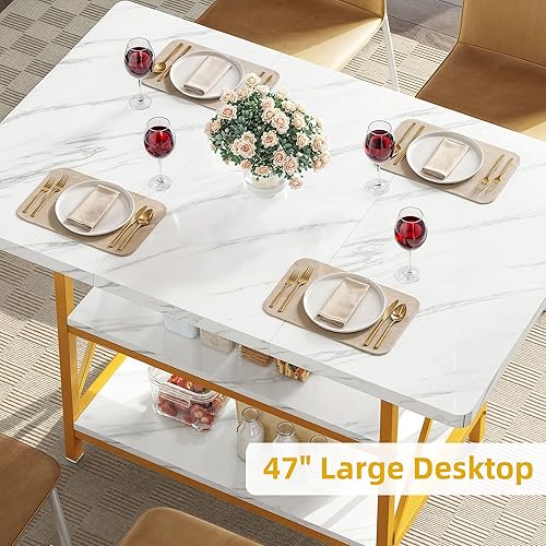 Miniatura 3 de DWVO Mesa de comedor rectangular de 47 pulgadas para 4 personas, mesa de cocina moderna de mármol blanco con estante de almacenamiento y patas de
