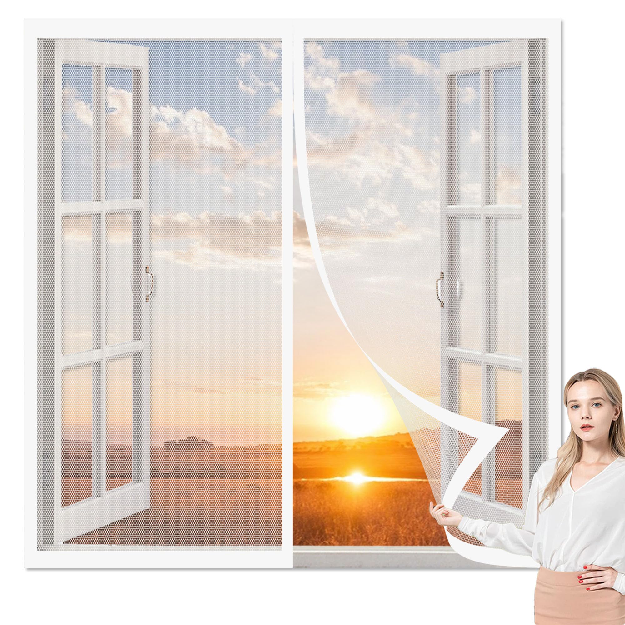 Mosquito Net Window Fly Screen 118 x 110 cm Magnetic Fly Screen Door Window Without Drilling Hands Free for All Kinds of Door, White