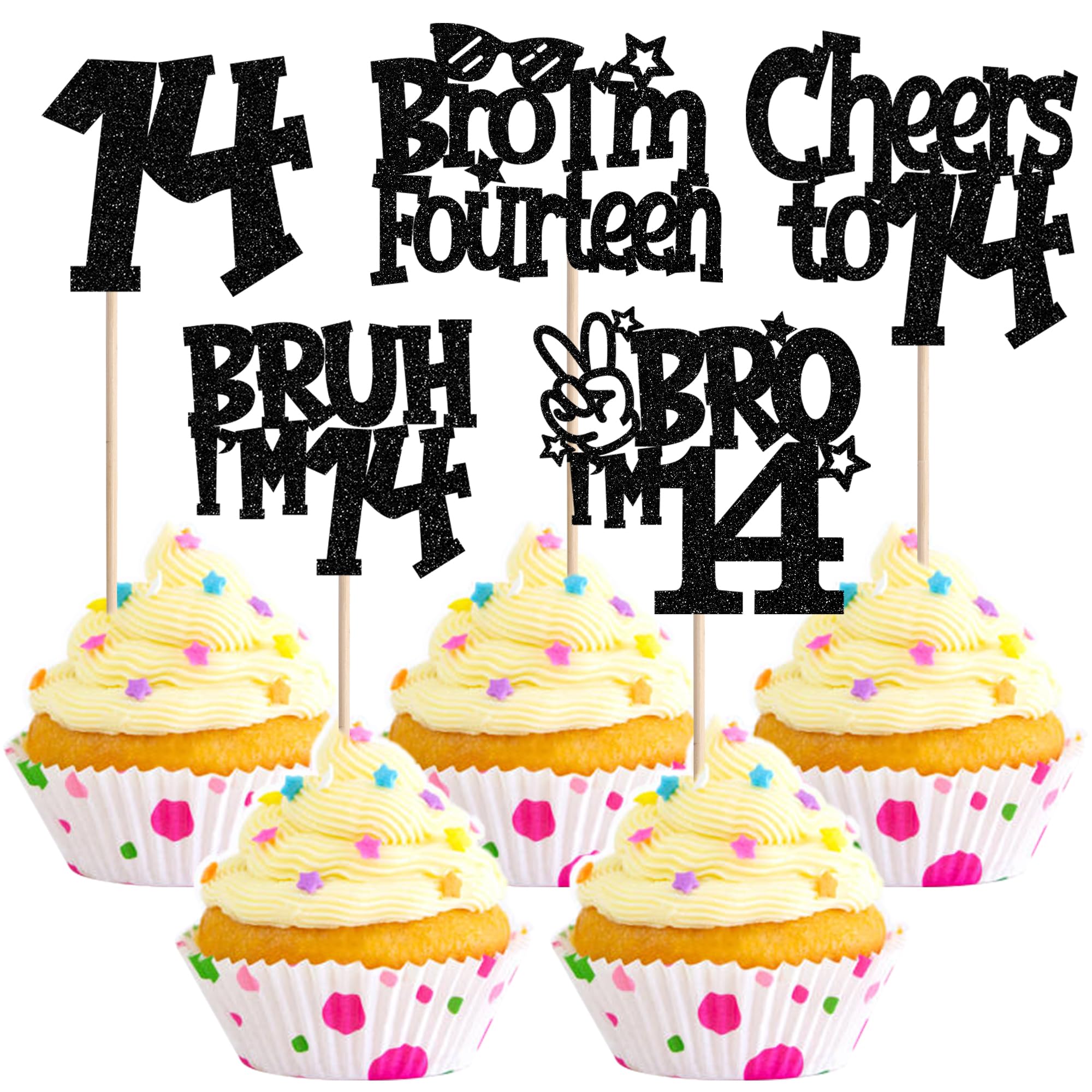 30 Stück Bro I'm 14 Tortendeko Glitzer Cheers to 14 Cupcake Toppers Bruh I'm 14 Kuchen Deko für Prost auf Vierzehn Jahre alt Geburtstag Party Kuchen Dekorationen Schwarz