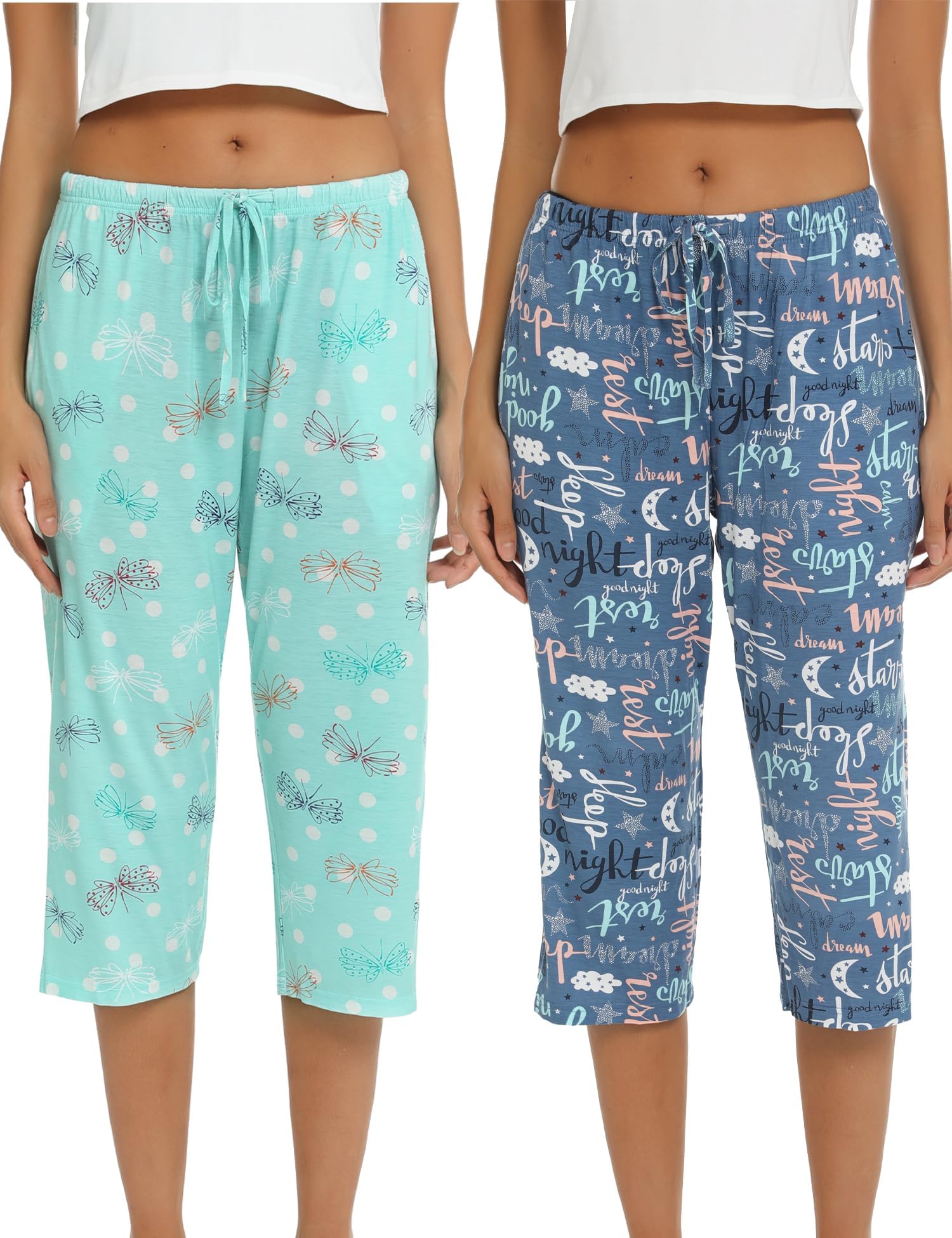 ENJOYNIGHT 2 Pack Womens Capri Pajama Pants Cotton Lounge Femme Pj Bottom with Pockets