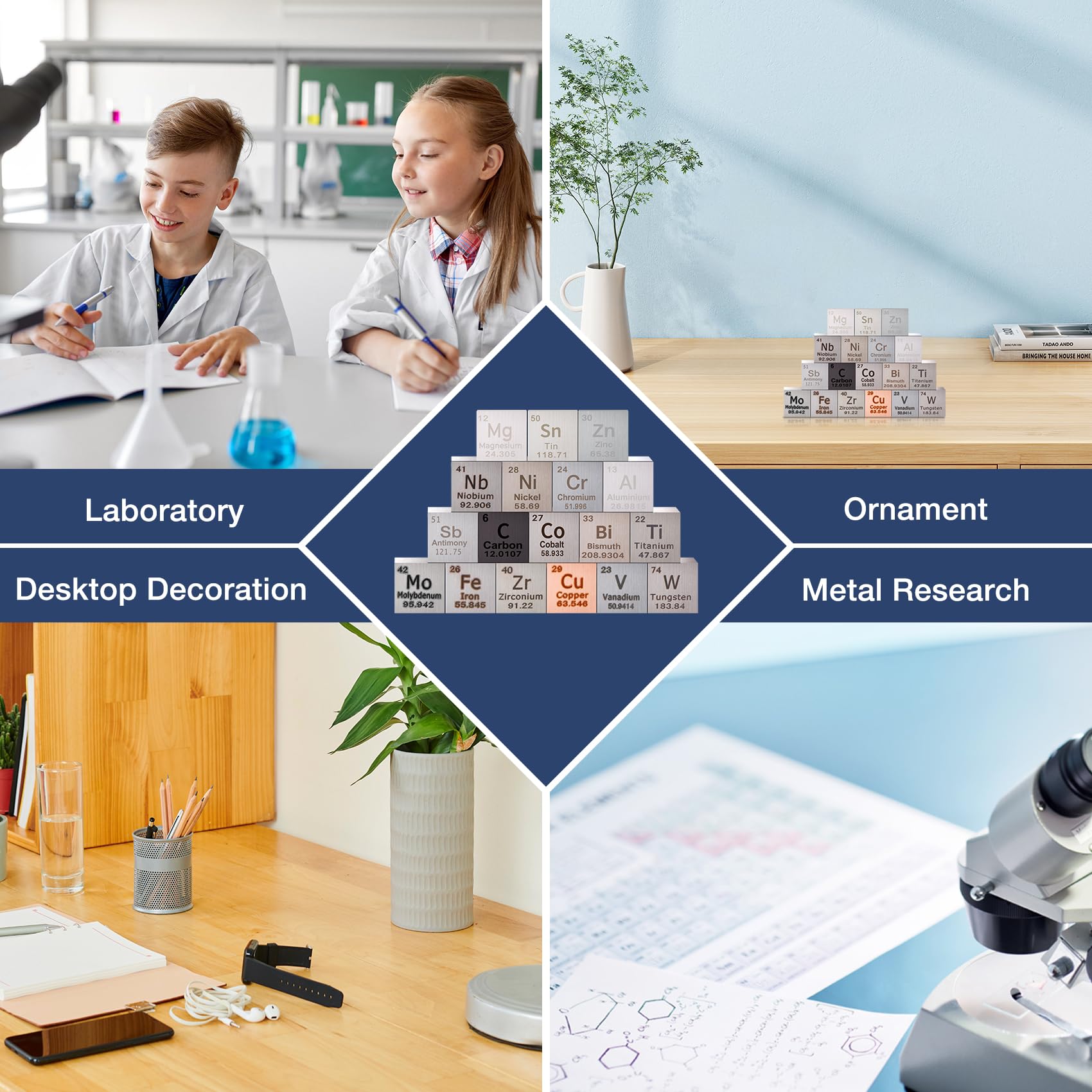 Set di 18 cubi di elementi metallici a densità per una tavola periodica degli elementi