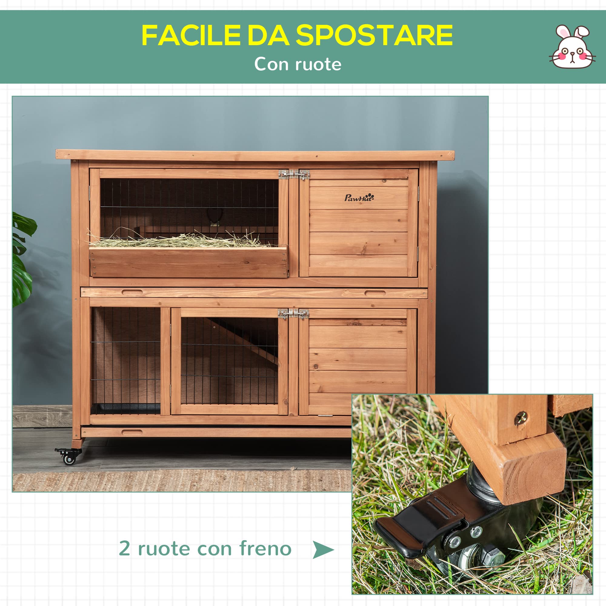 PawHut Conigliera in Legno a 2 Livelli con Ruote, Casetta per Conigli e Porcellini d'India con Vassoio Estraibile e Rampa, Arancione,122x50x101cm