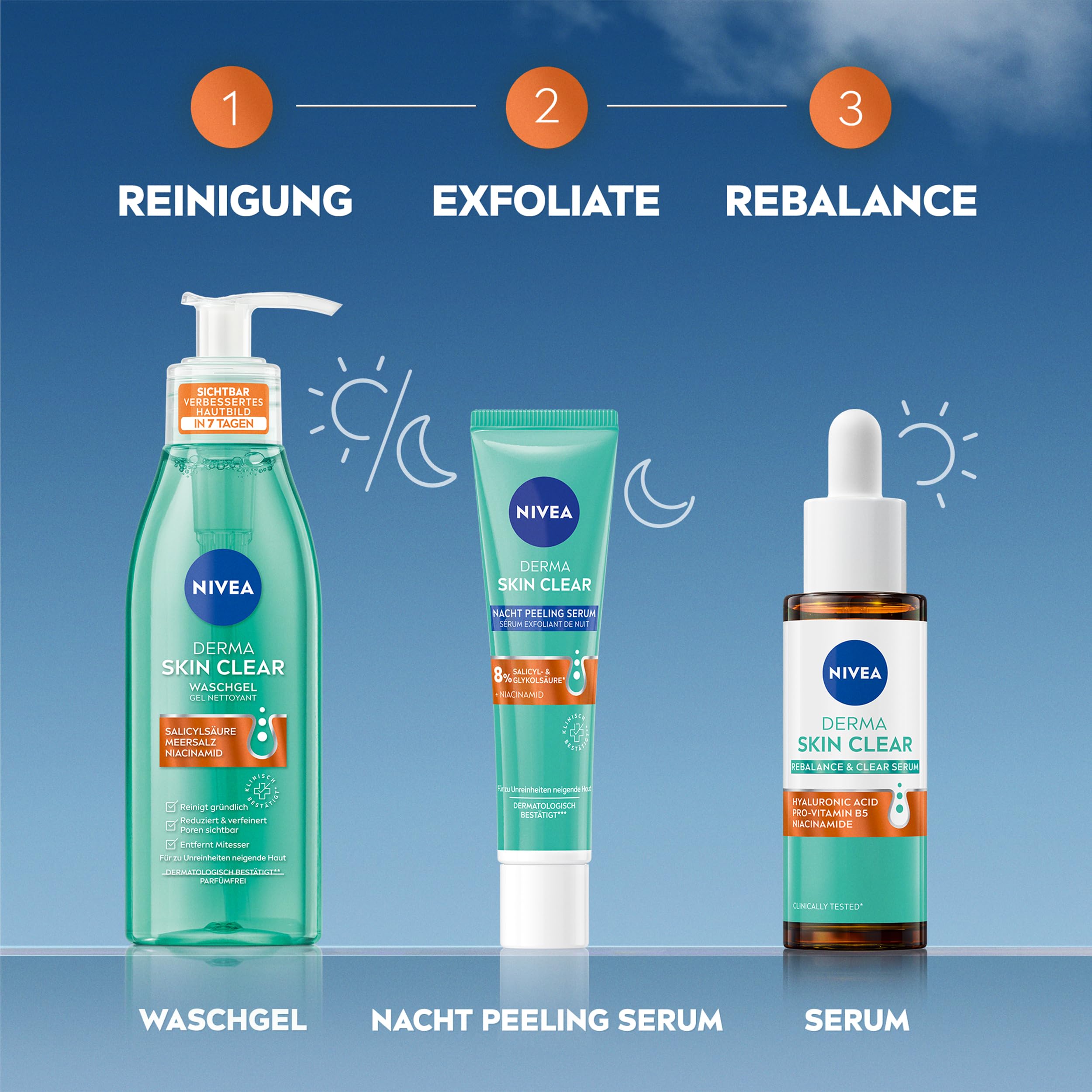 NIVEA Derma Skin Clear Routine Set mit Rebalance & Clear Serum, Nachtpeeling Serum & Waschgel, Gesichtspflege für unreine Haut mit Salicylsäure & Niacinamid