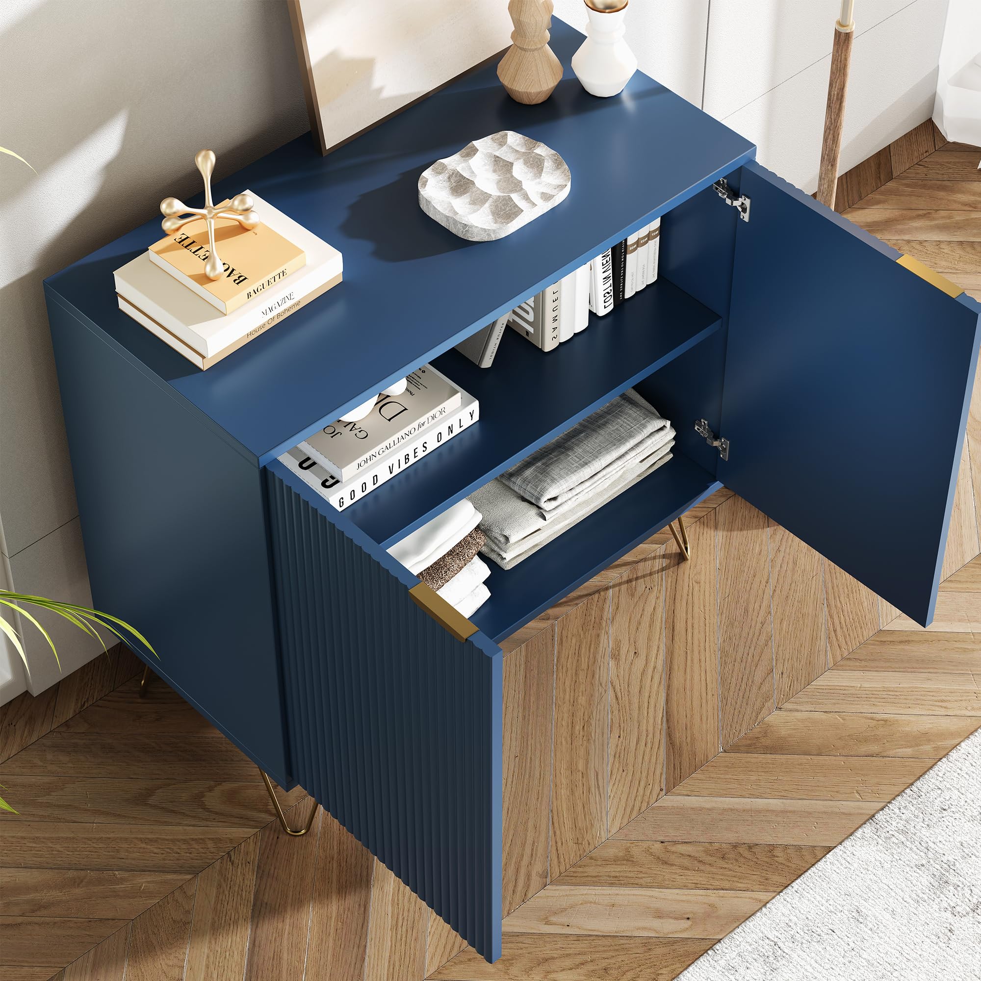 Mobile a due ante con ripiano e comodino in legno, piccola credenza con 2 scomparti portaoggetti, buffet basso, basso da cucina, blu (blu)