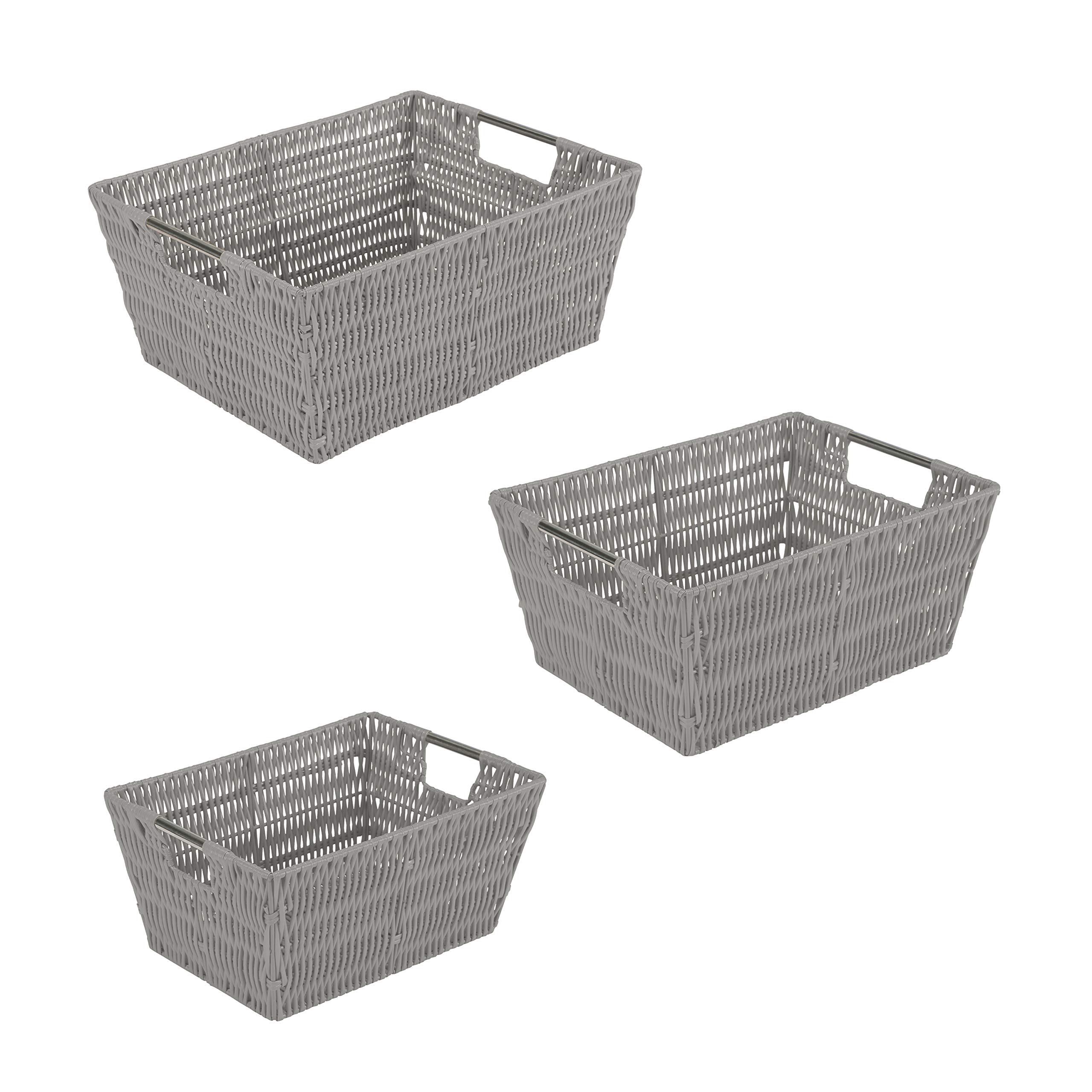 Simplify 3 Piece Set Woven Rattan Tote Baskets | Multi-Size | Handles | Storage & Organization | Toys | Bathroom Accessories | Home | Office | Dorm |