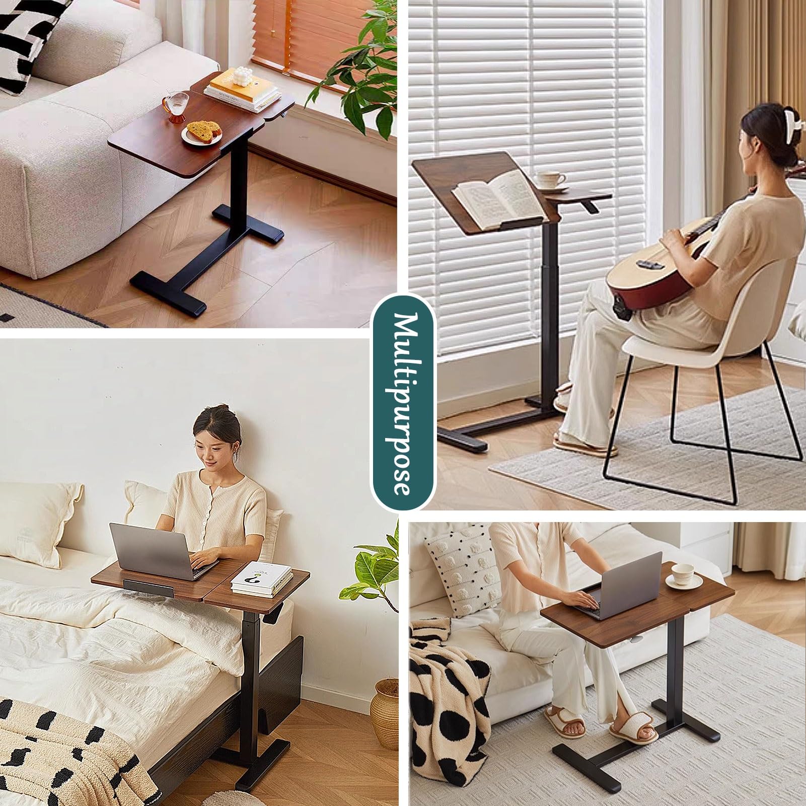 Drsyffsup Mesa de Noche Ajustable en Altura con Ruedas Ocultas, Mesa de Cama con Ruedas y Plataforma inclinable neumática, Mesa Auxiliar para sofá o Silla de Hospital, Color marrón Nogal